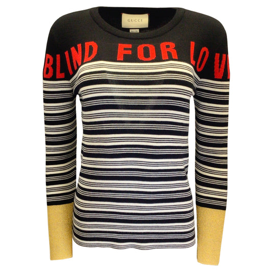 Gucci Black / White / Red / Gold Metallic Striped Blind For Love Cashmere and Silk Knit Sweater