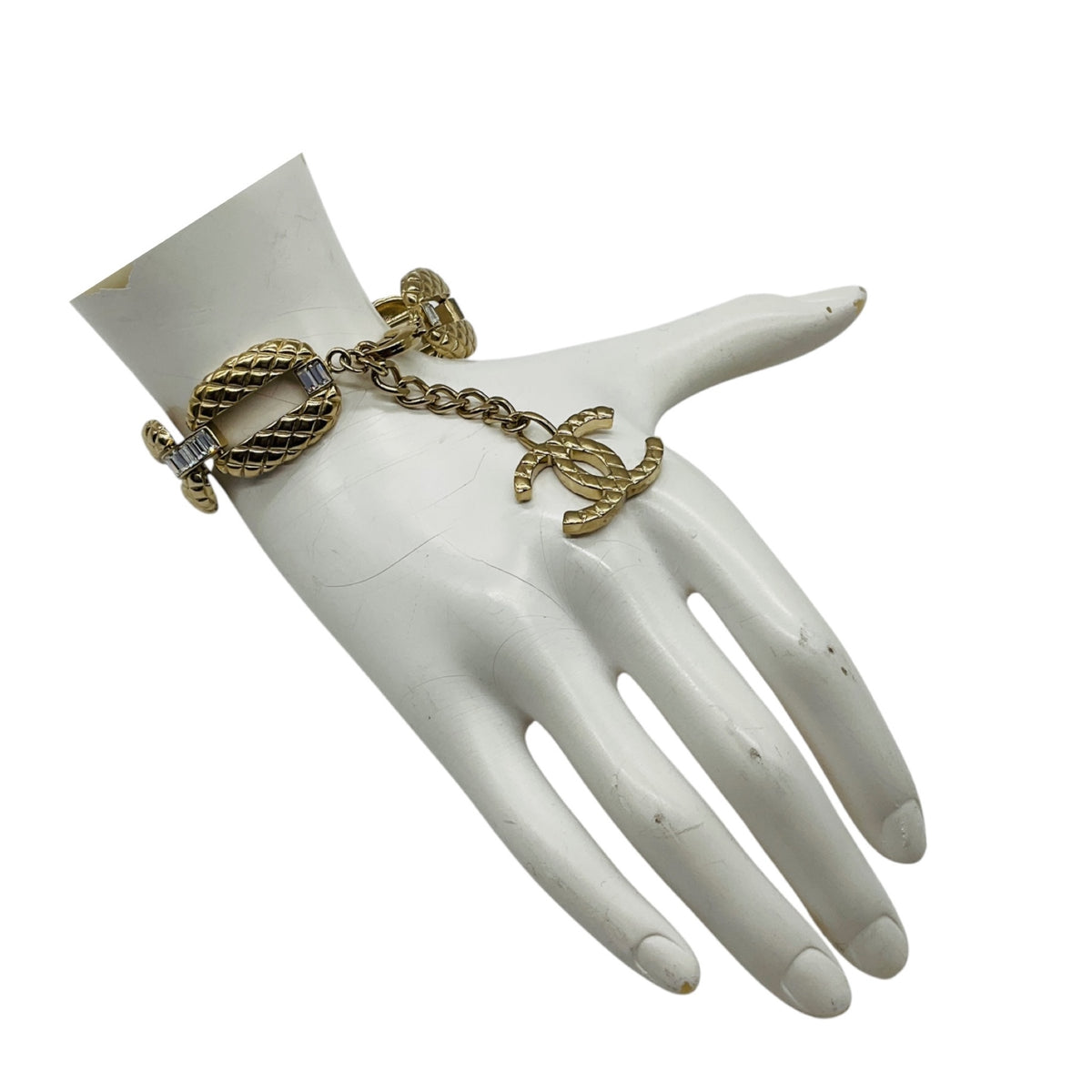 Chanel 2018 Light Gold CC Logo Pendant Charm Strass Embellished Bracelet