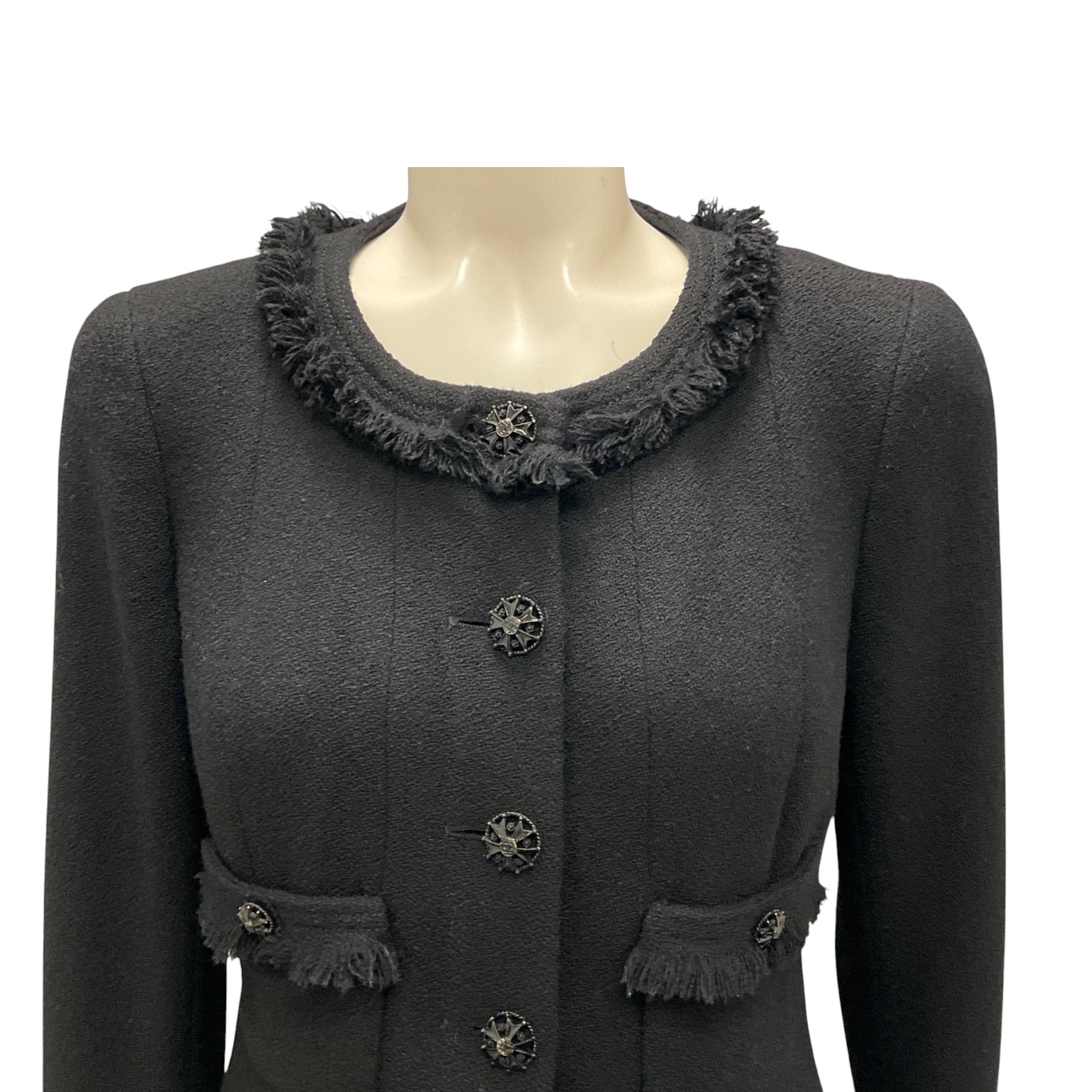 Chanel Black 2008 Fringed CC Logo Button Wool Tweed Peplum Hem Jacket