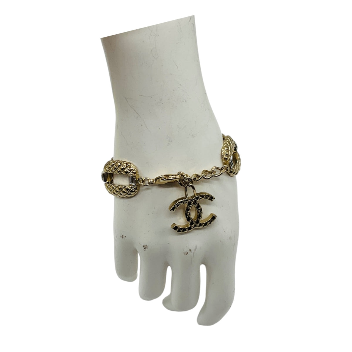 Chanel 2018 Light Gold CC Logo Pendant Charm Strass Embellished Bracelet