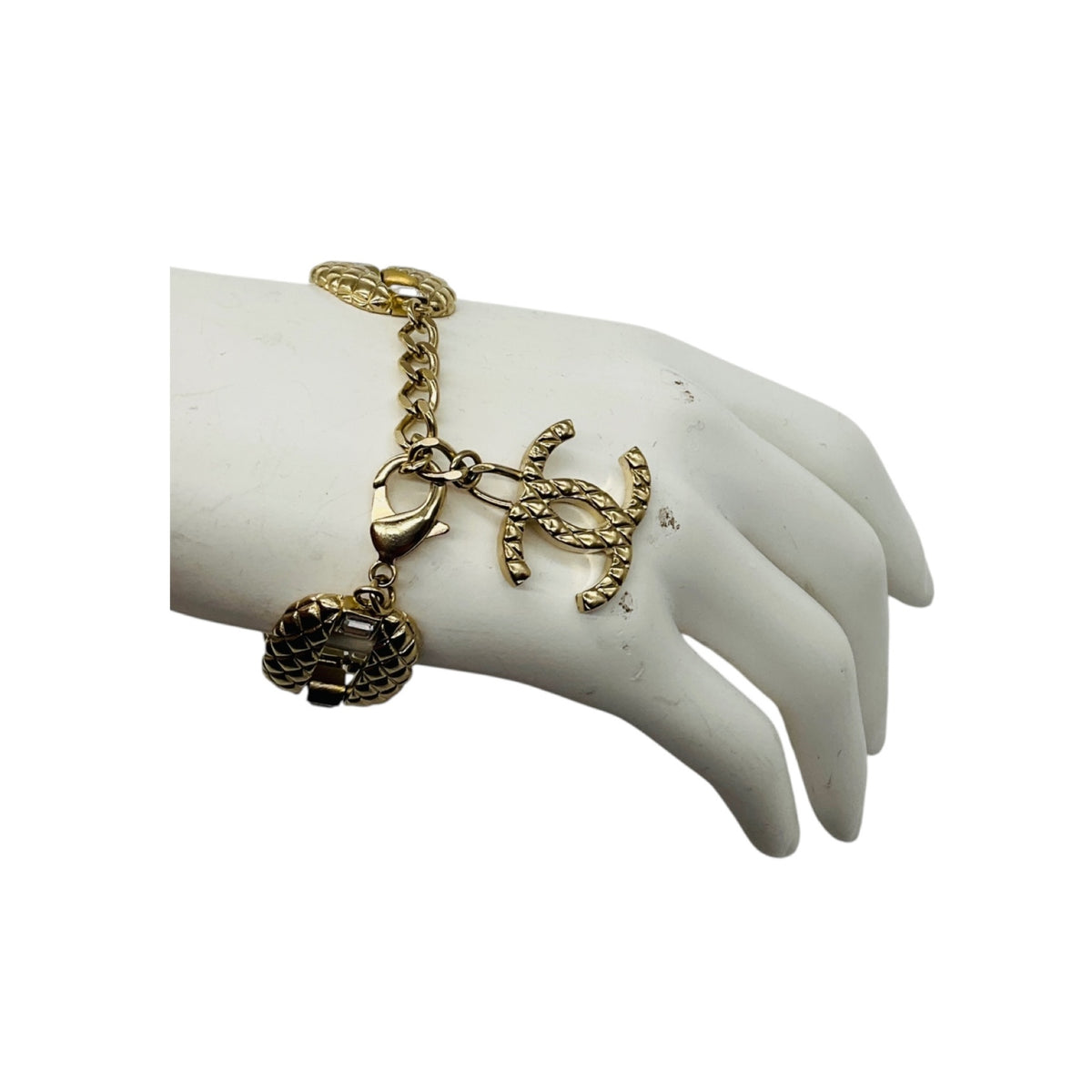 Chanel 2018 Light Gold CC Logo Pendant Charm Strass Embellished Bracelet
