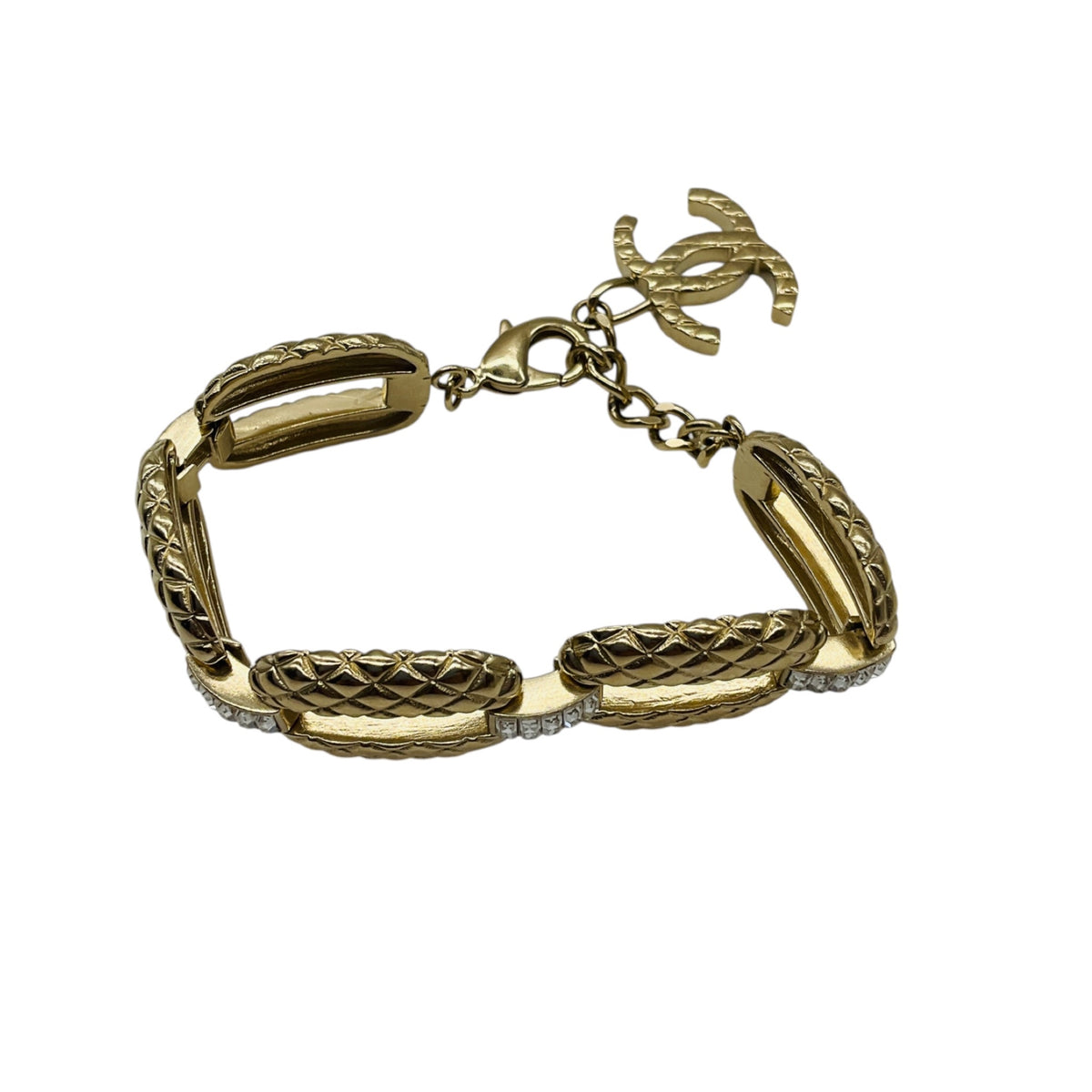 Chanel 2018 Light Gold CC Logo Pendant Charm Strass Embellished Bracelet