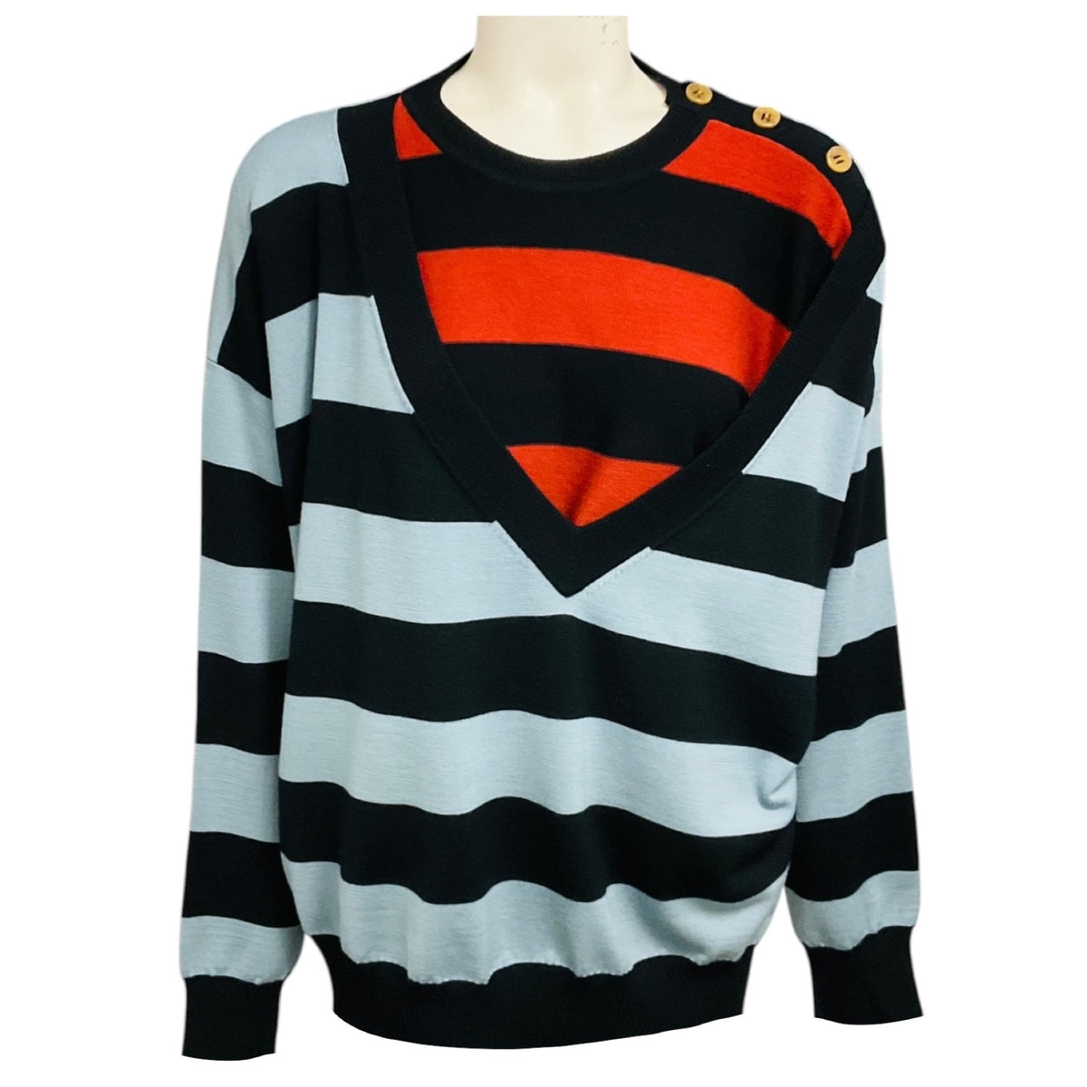 Sonia Rykiel Light Blue / Black Multi Striped Layered Asymmetric Wool Knit Sweater