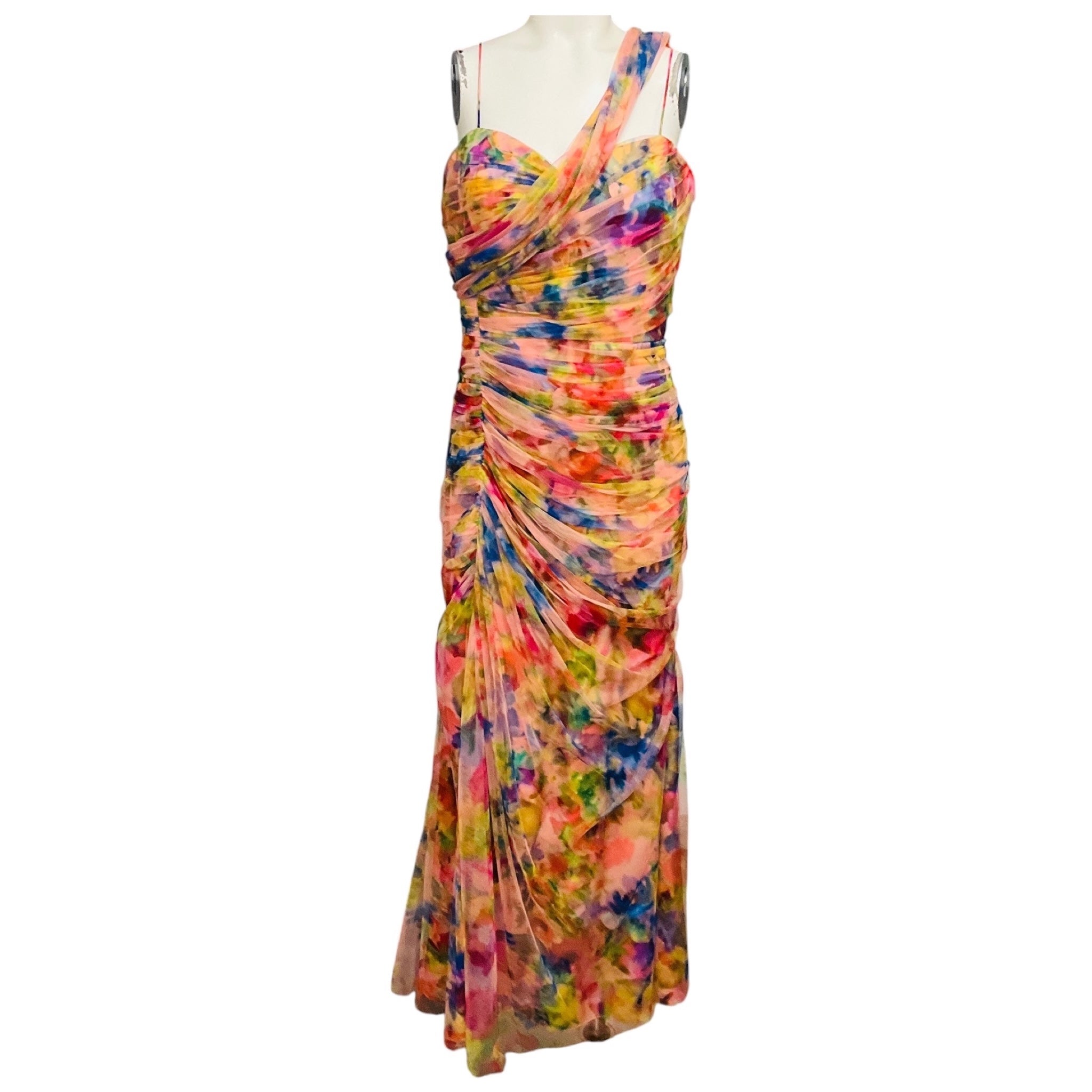 Theia Multicolor Abundant Blooms Macie One Shoulder Drape Mesh Tulle Gown