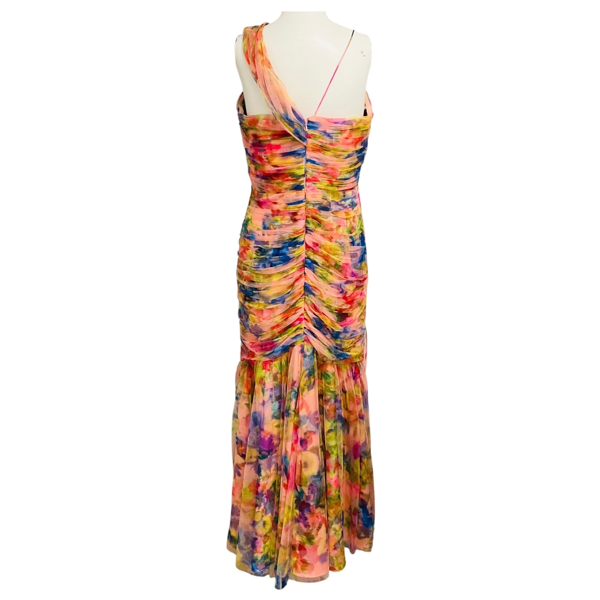 Theia Multicolor Abundant Blooms Macie One Shoulder Drape Mesh Tulle Gown