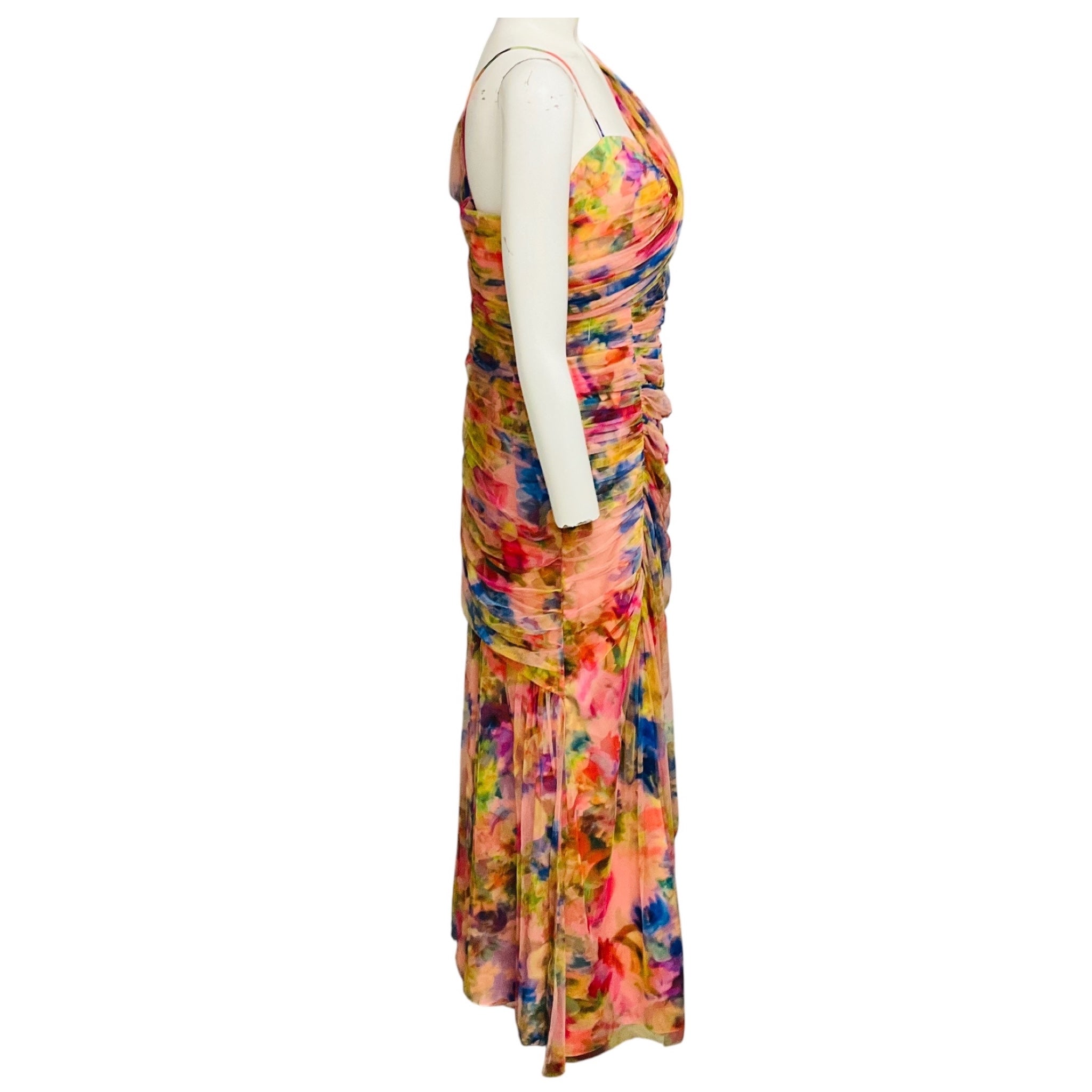 Theia Multicolor Abundant Blooms Macie One Shoulder Drape Mesh Tulle Gown