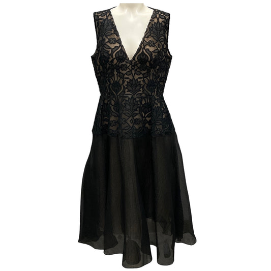 Lela Rose Black / Beige Embroidered Lace Sleeveless Midi Cocktail Dress