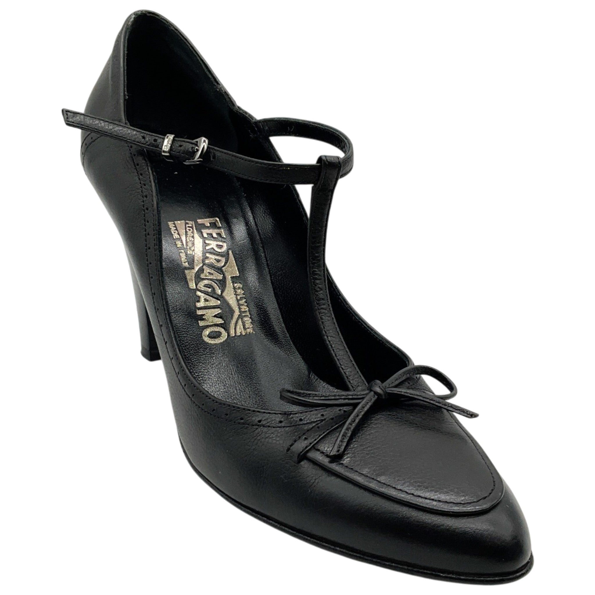 Salvatore Ferragamo Black Leather Tamanda T Strap Pumps

