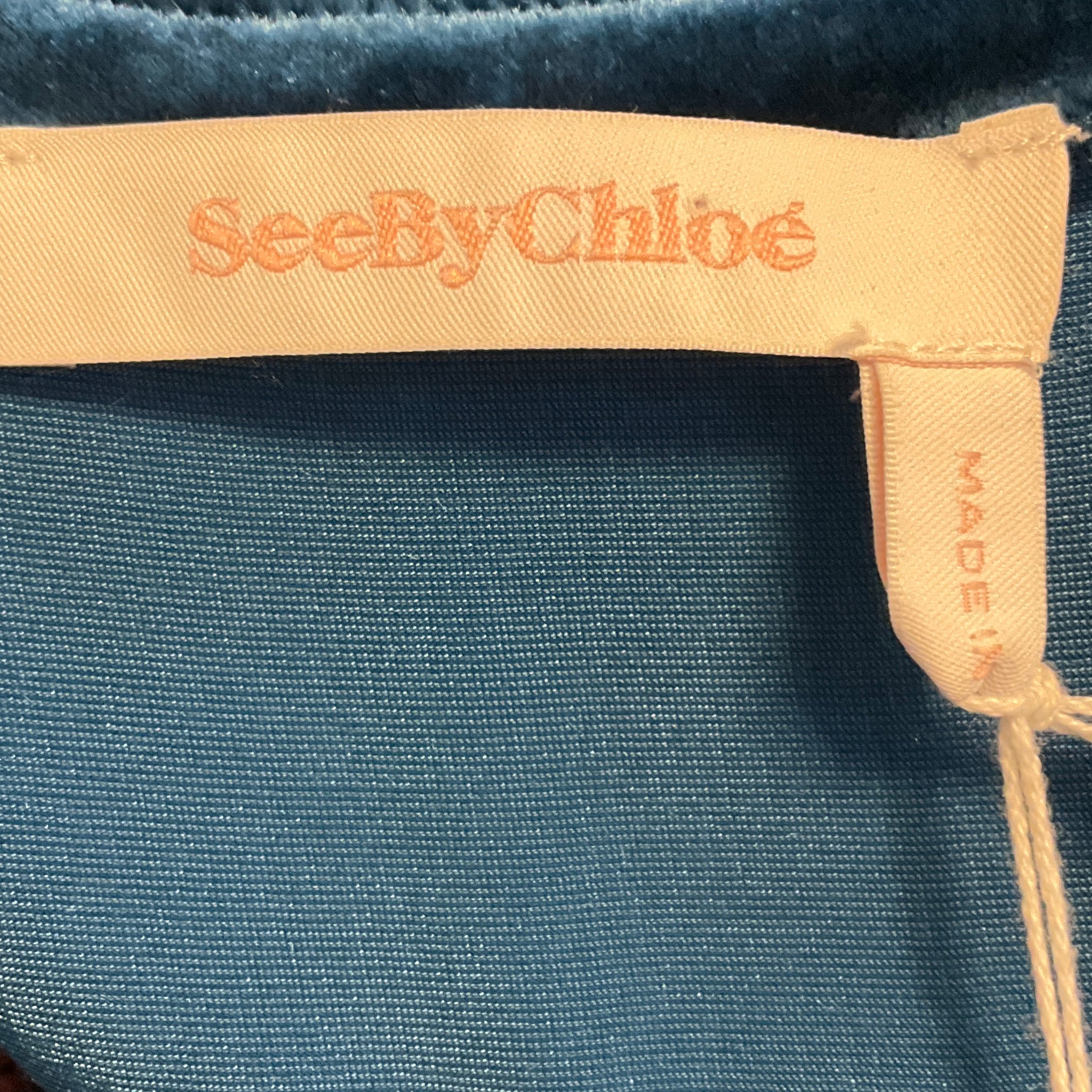 See by Chloe Blue Multi Deep Water Fringed Tweed and Velvet Top