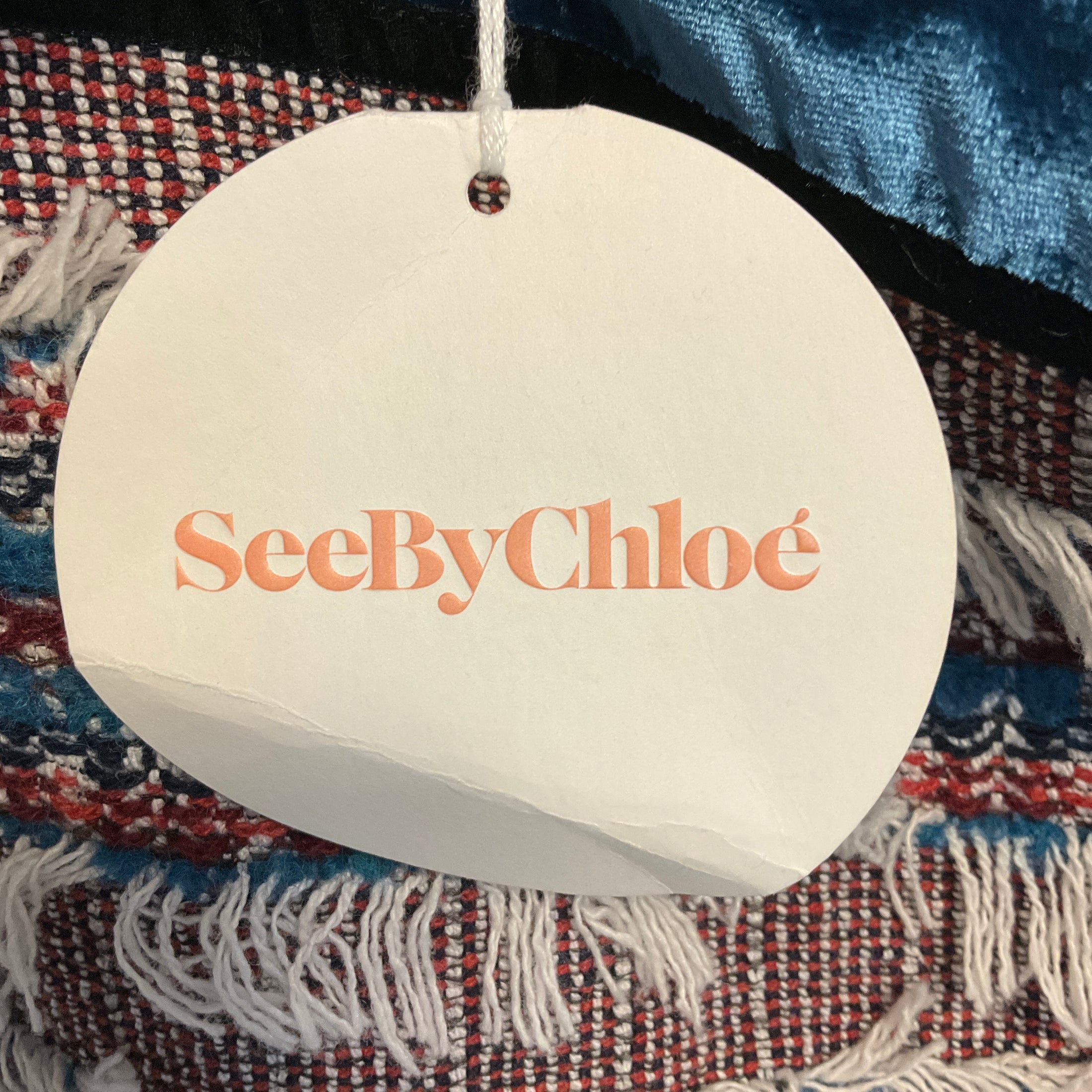 See by Chloe Blue Multi Deep Water Fringed Tweed and Velvet Top