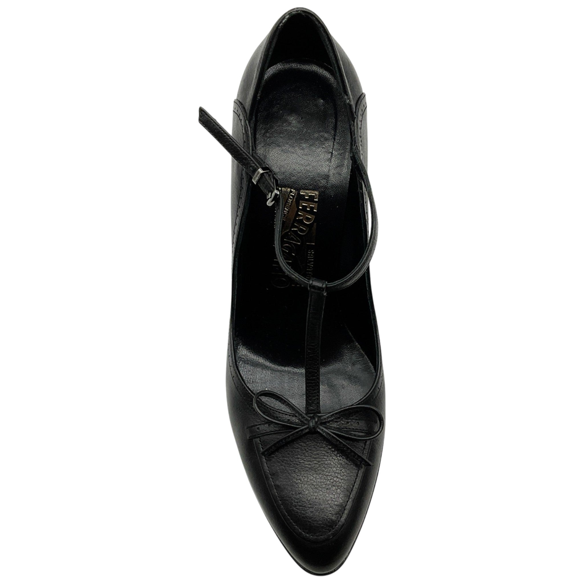 Salvatore Ferragamo Black Leather Tamanda T Strap Pumps
