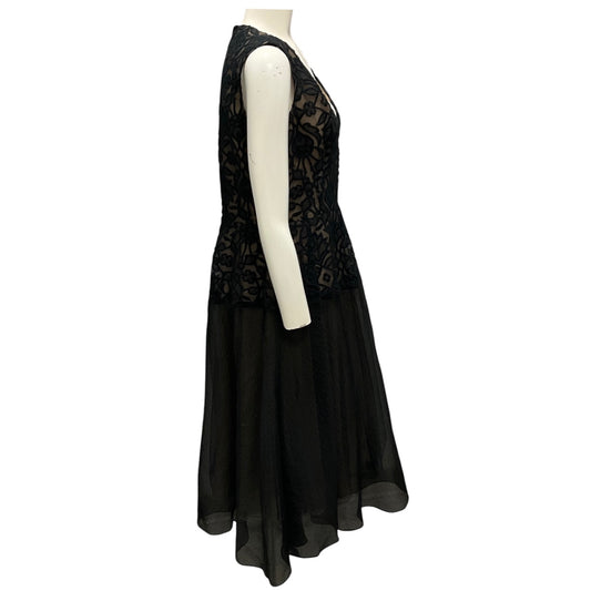 Lela Rose Black / Beige Embroidered Lace Sleeveless Midi Cocktail Dress