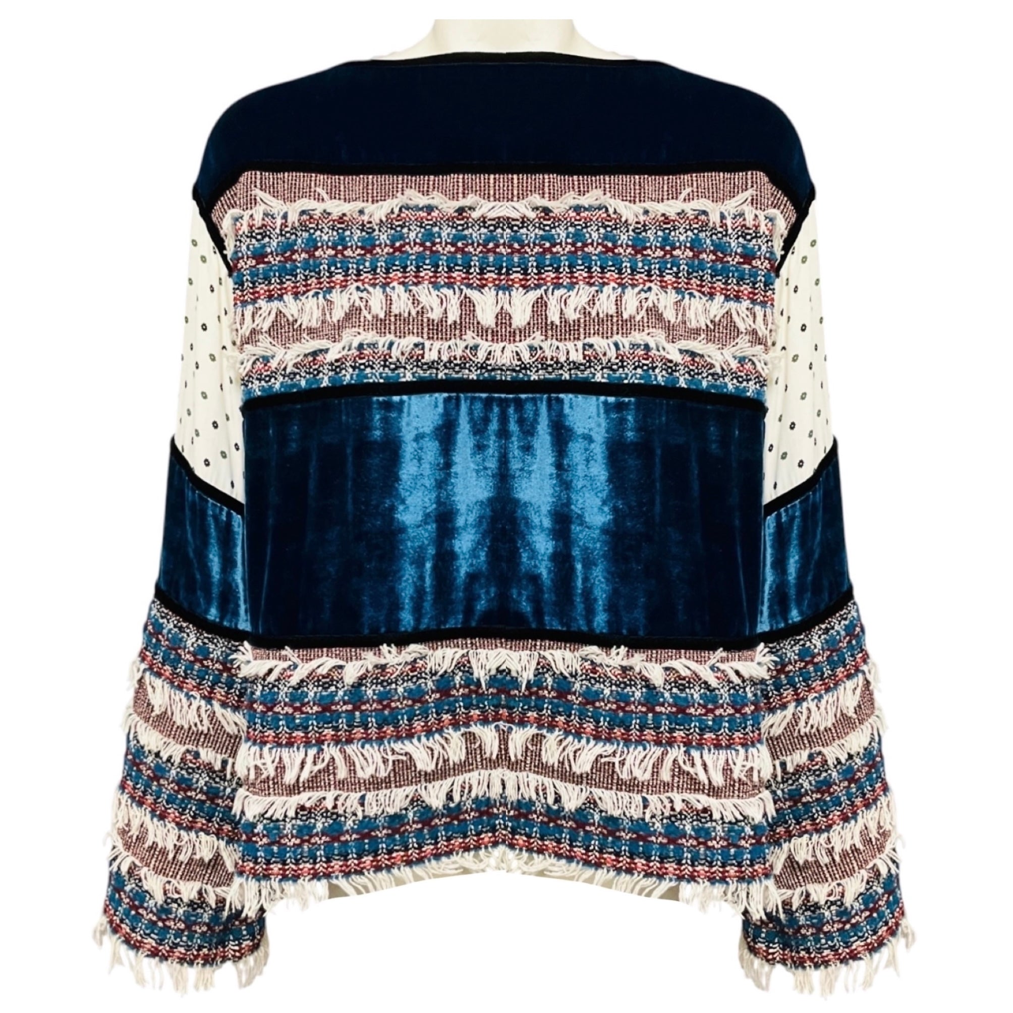See by Chloe Blue Multi Deep Water Fringed Tweed and Velvet Top