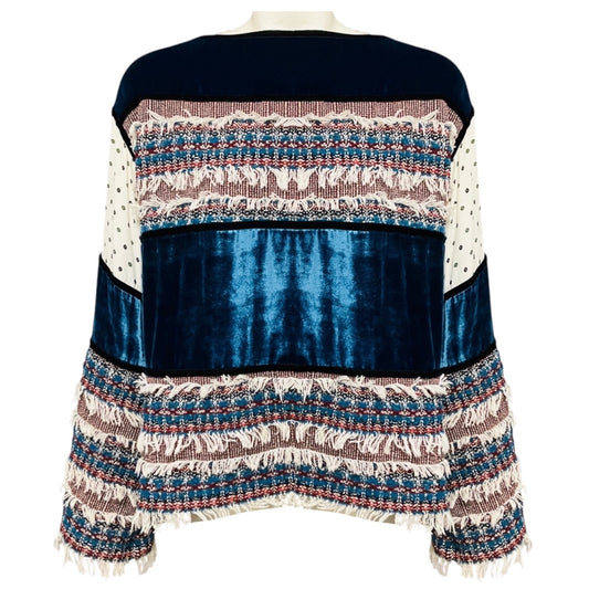 See by Chloe Blue Multi Deep Water Fringed Tweed and Velvet Top