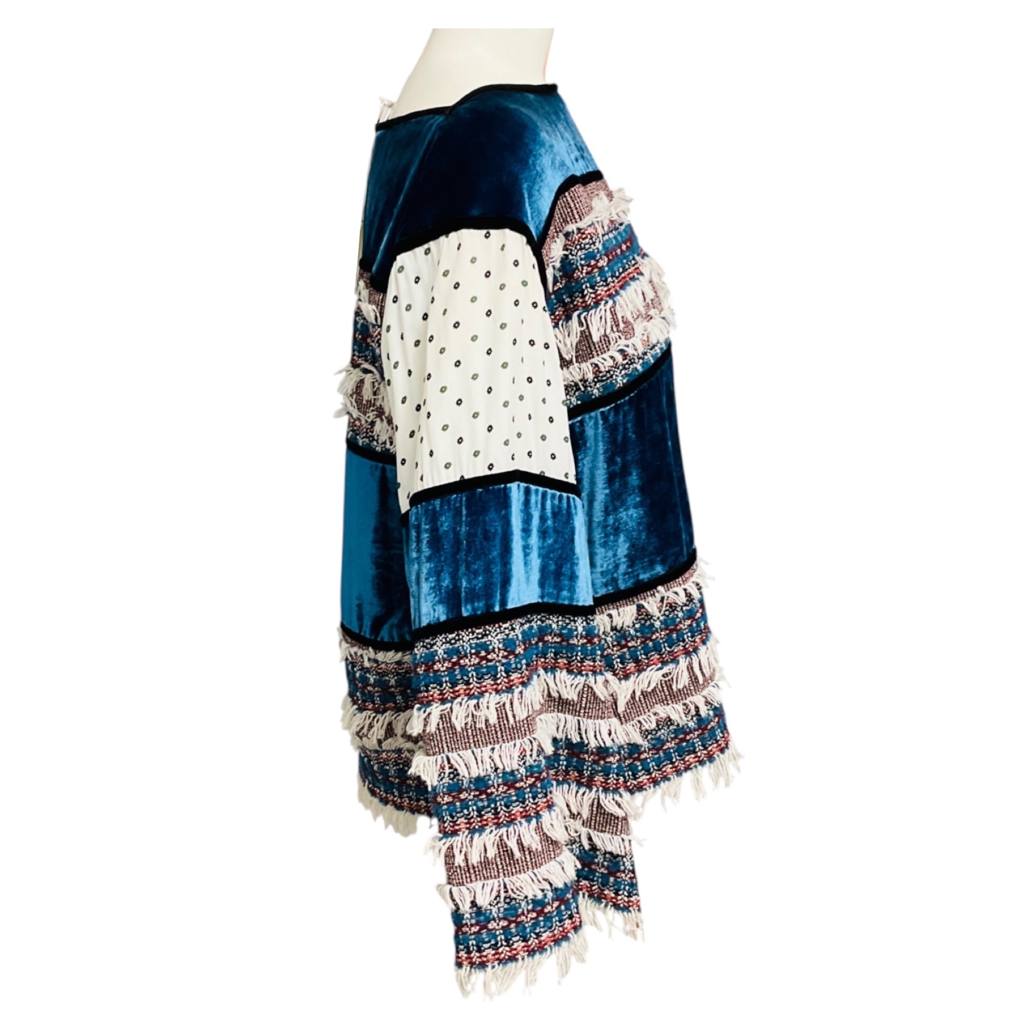 See by Chloe Blue Multi Deep Water Fringed Tweed and Velvet Top