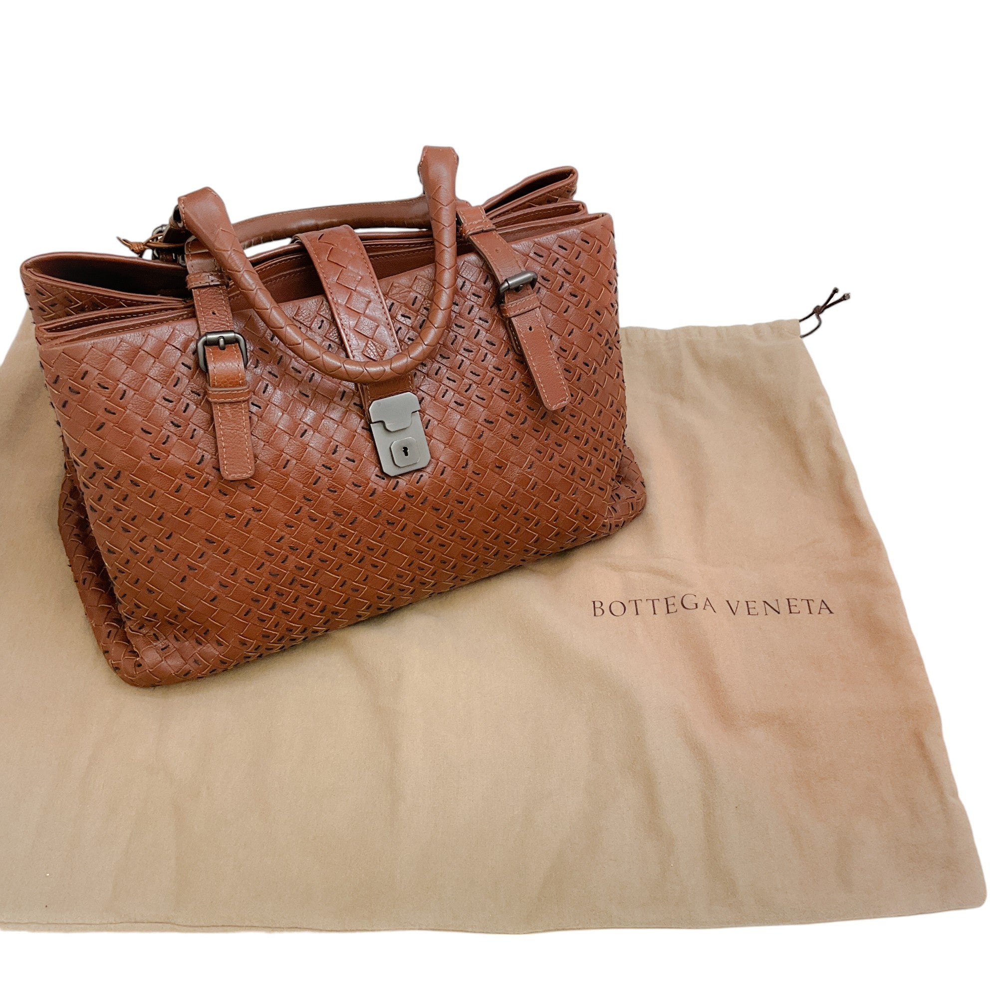 Bottega Veneta Roma Brown Intrecciato Leather Satchel