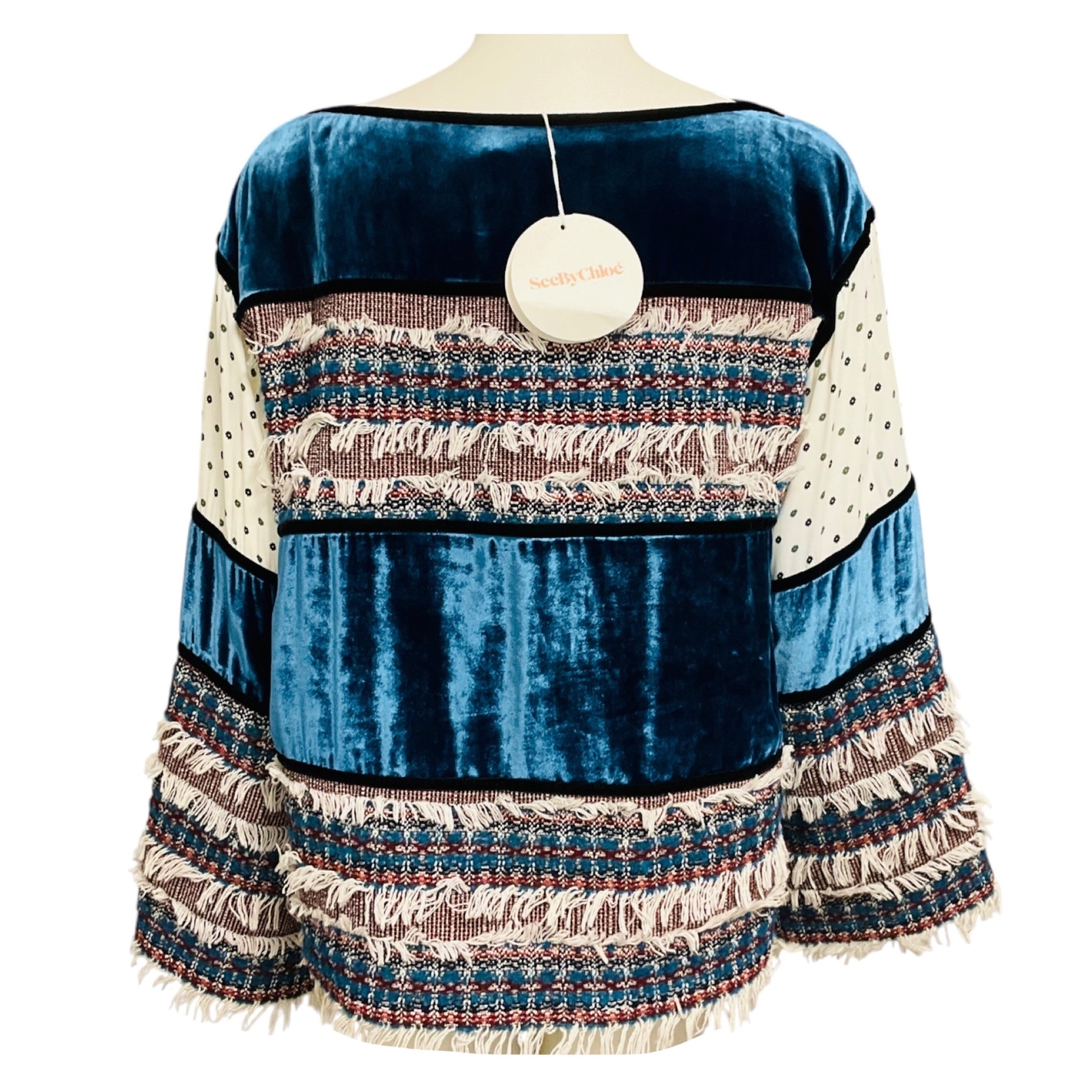 See by Chloe Blue Multi Deep Water Fringed Tweed and Velvet Top