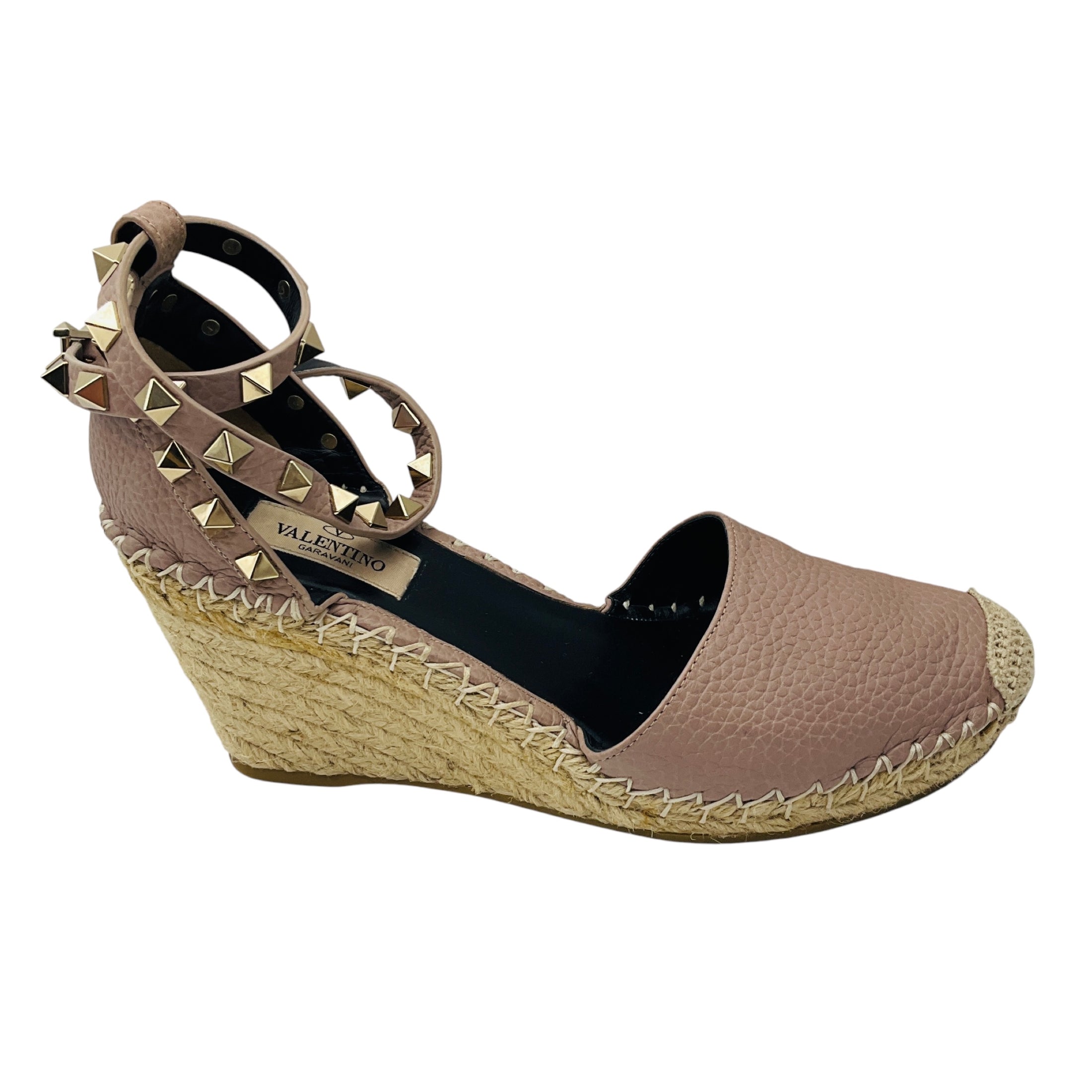 Valentino Rose Rockstud Double Leather Wedge Espadrilles