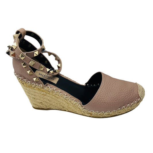 Valentino Rose Rockstud Double Leather Wedge Espadrilles