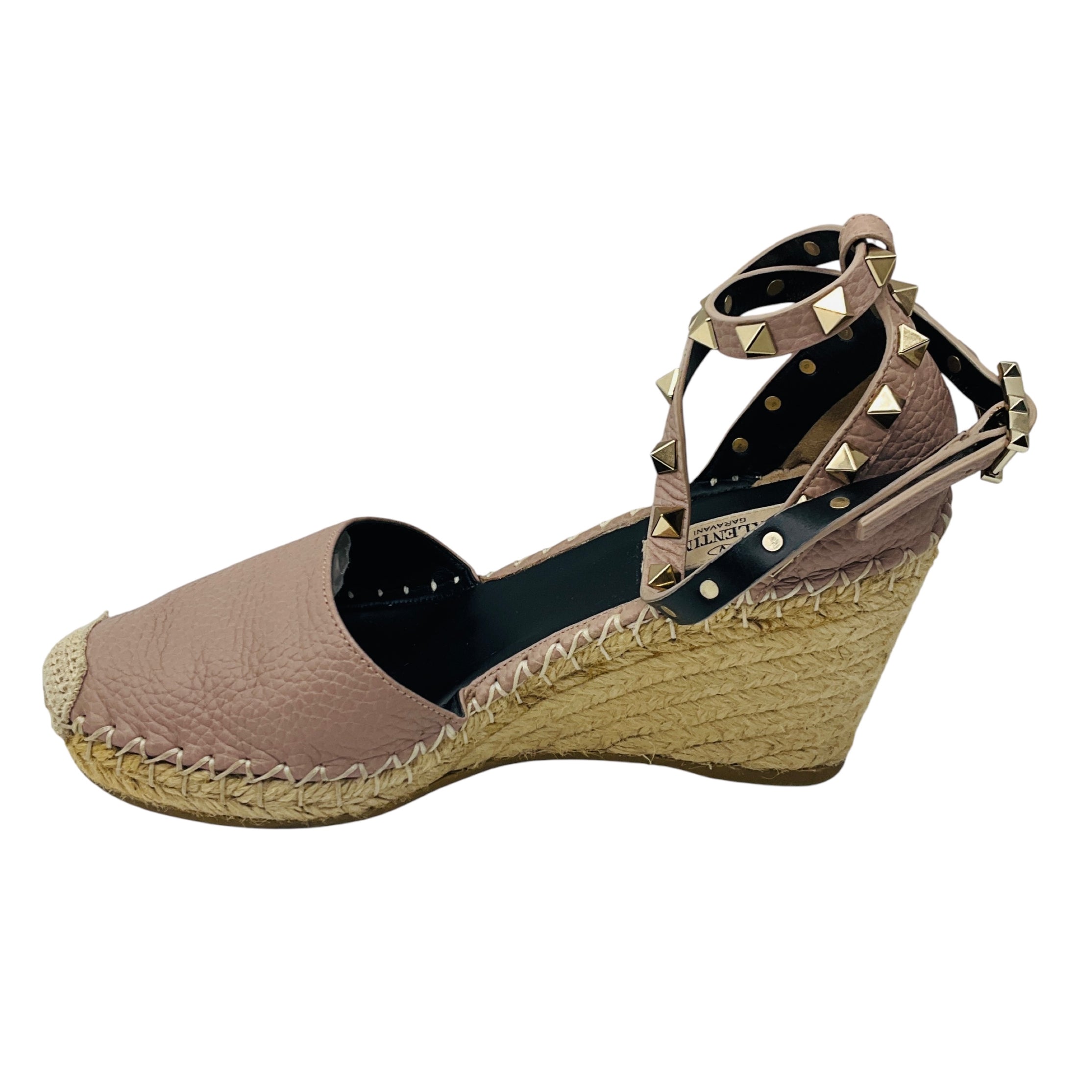Valentino Rose Rockstud Double Leather Wedge Espadrilles