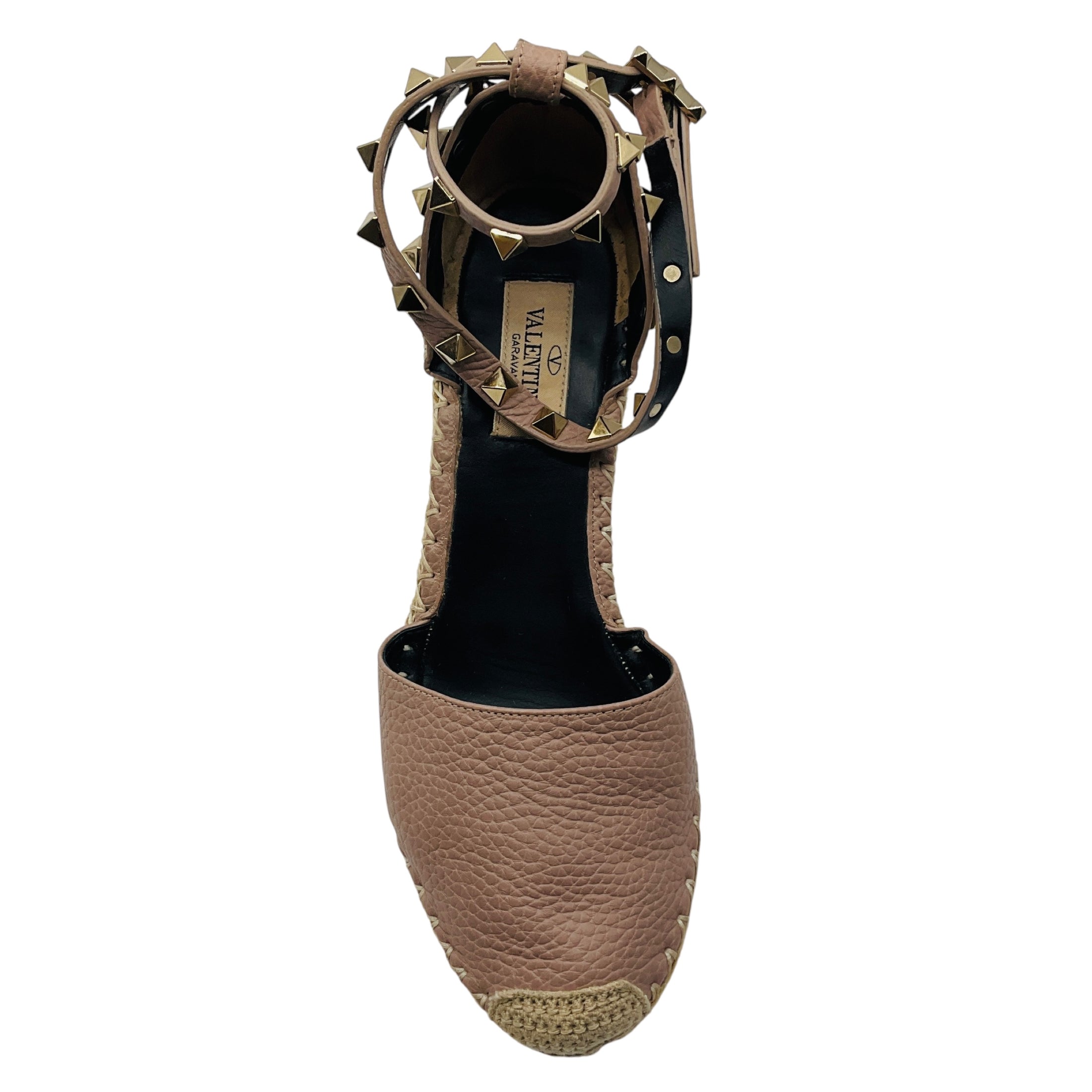 Valentino Rose Rockstud Double Leather Wedge Espadrilles
