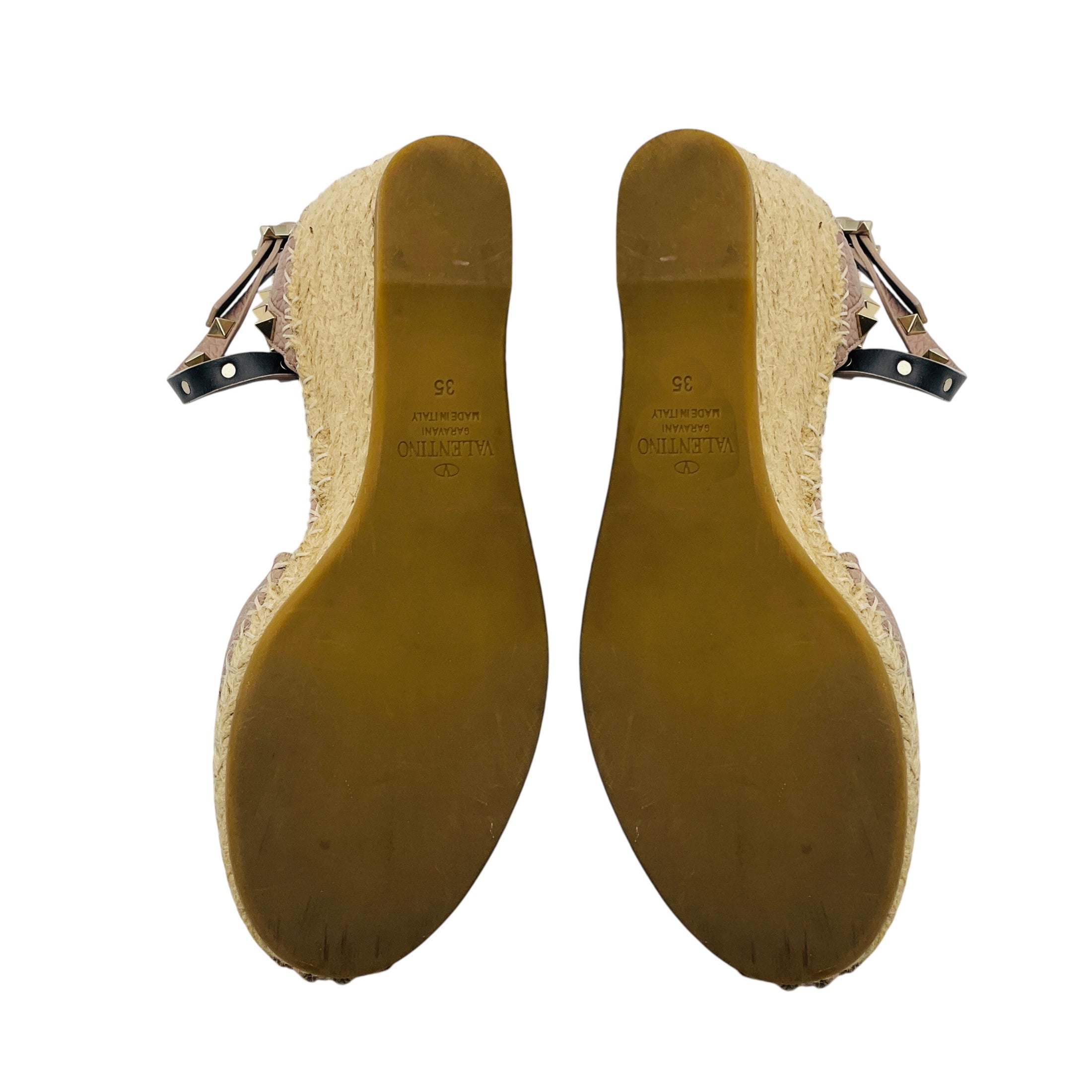 Valentino Rose Rockstud Double Leather Wedge Espadrilles