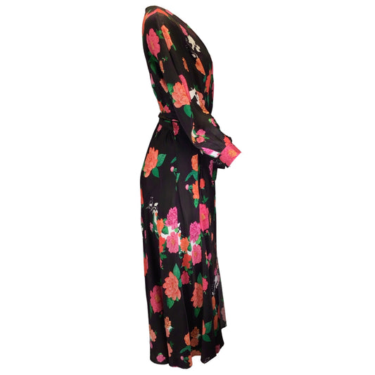 Scanlan Theodore Black / Pink Multi Floral Printed Long Sleeved Silk Wrap Dress