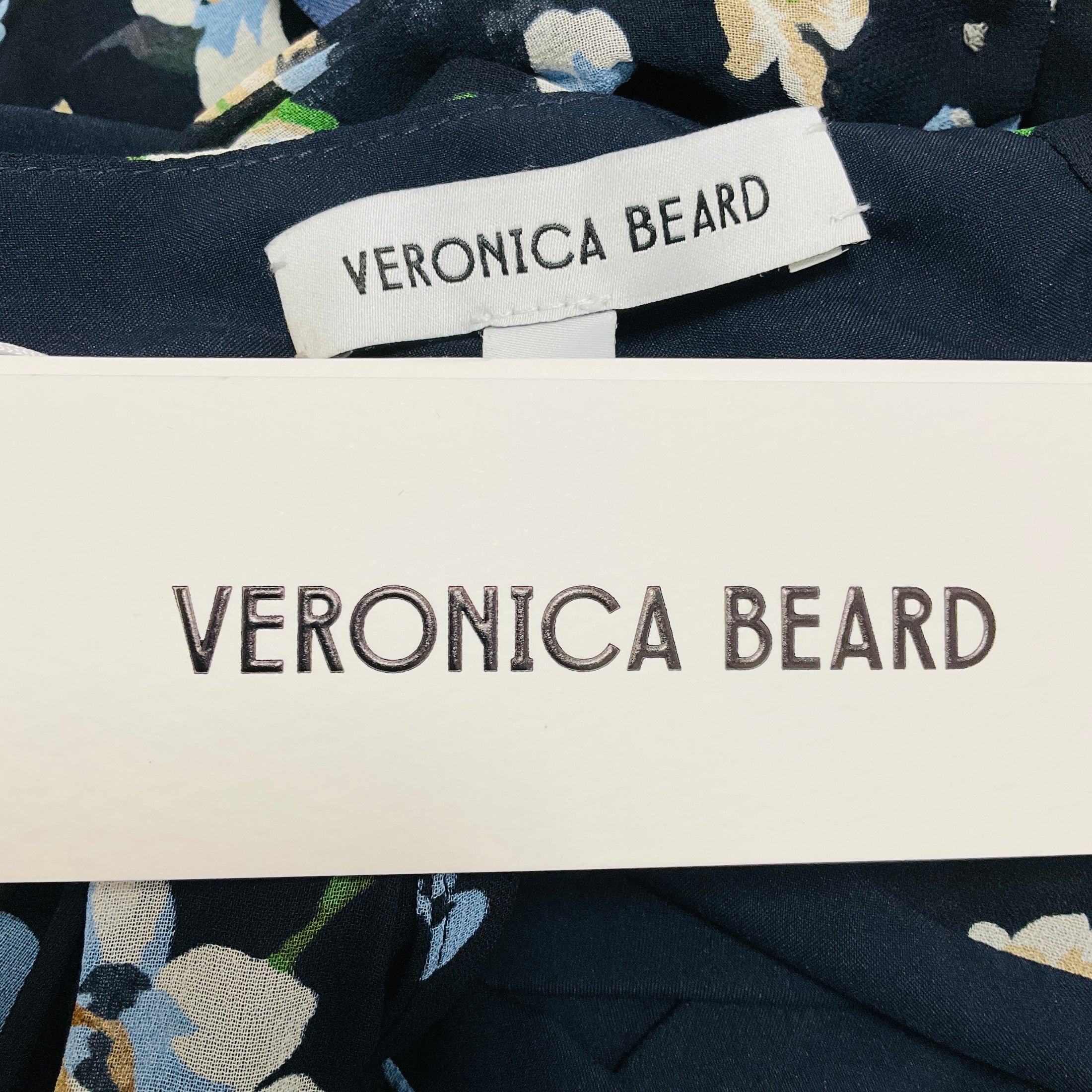 Veronica Beard Navy Multi Brock Ruched Floral Print Silk Crepe de Chine Midi Dress