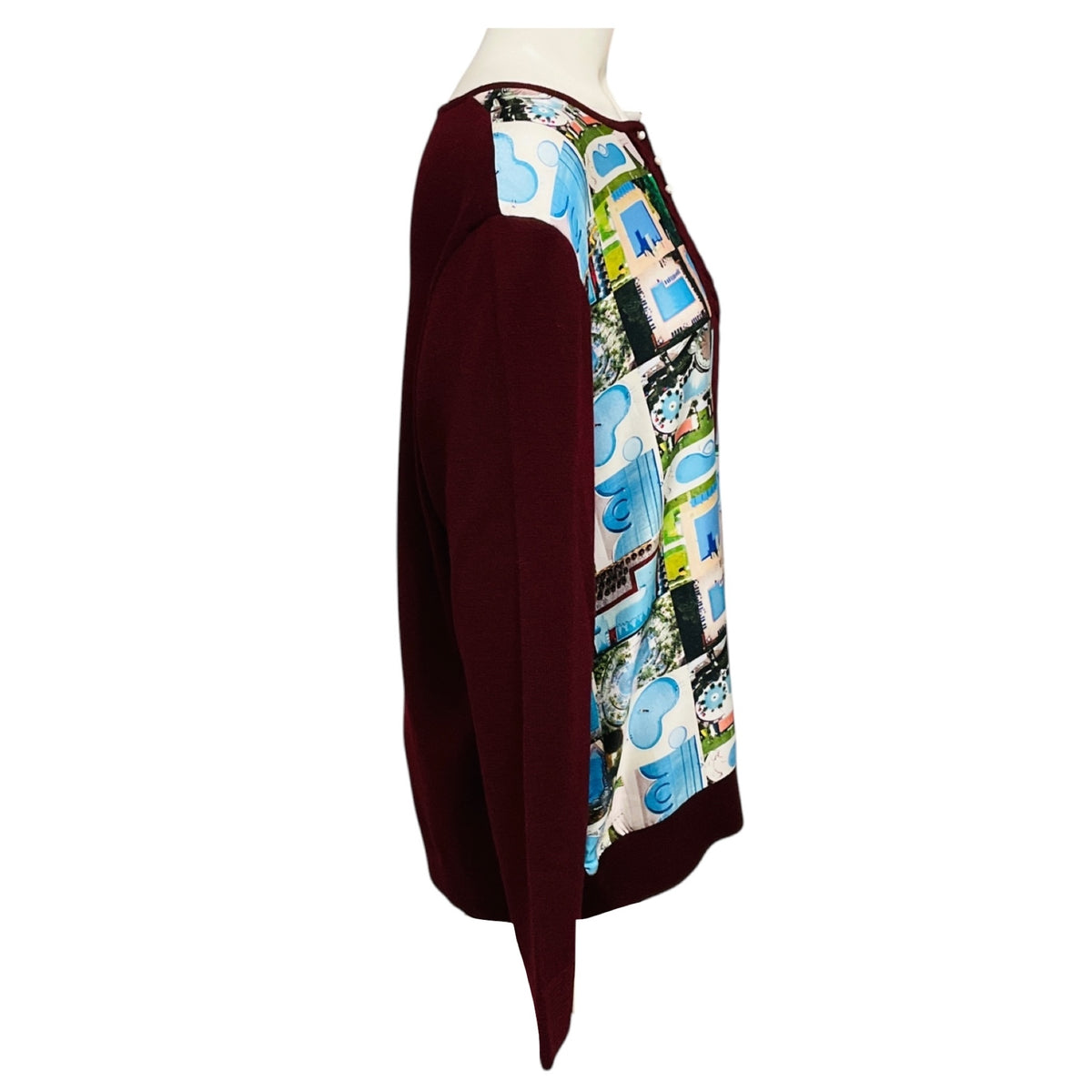 Maison Margiela Burgundy / Blue Multi Pool Scarf Print Silk and Wool Knit Sweater