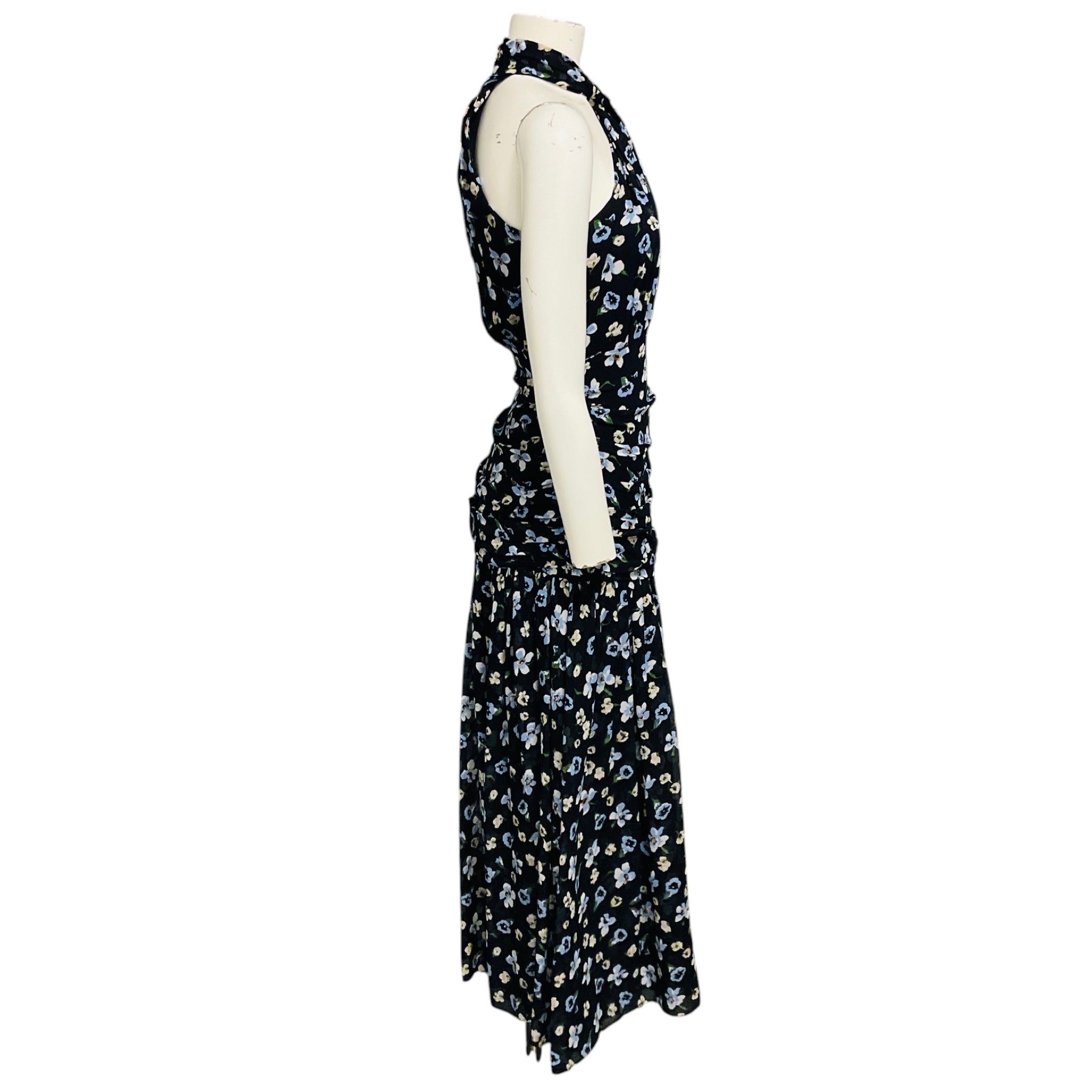 Veronica Beard Navy Multi Brock Ruched Floral Print Silk Crepe de Chine Midi Dress