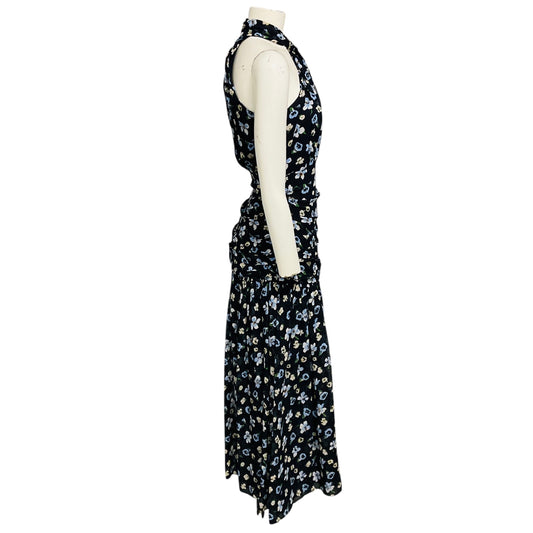 Veronica Beard Navy Multi Brock Ruched Floral Print Silk Crepe de Chine Midi Dress