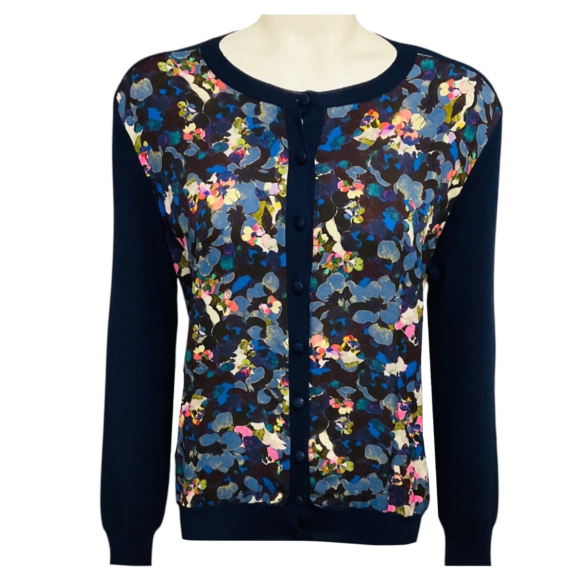 Erdem Navy Blue Multi Merino Wool and Cashmere Knit Cardigan Sweater with Silk Chiffon Scarf Print