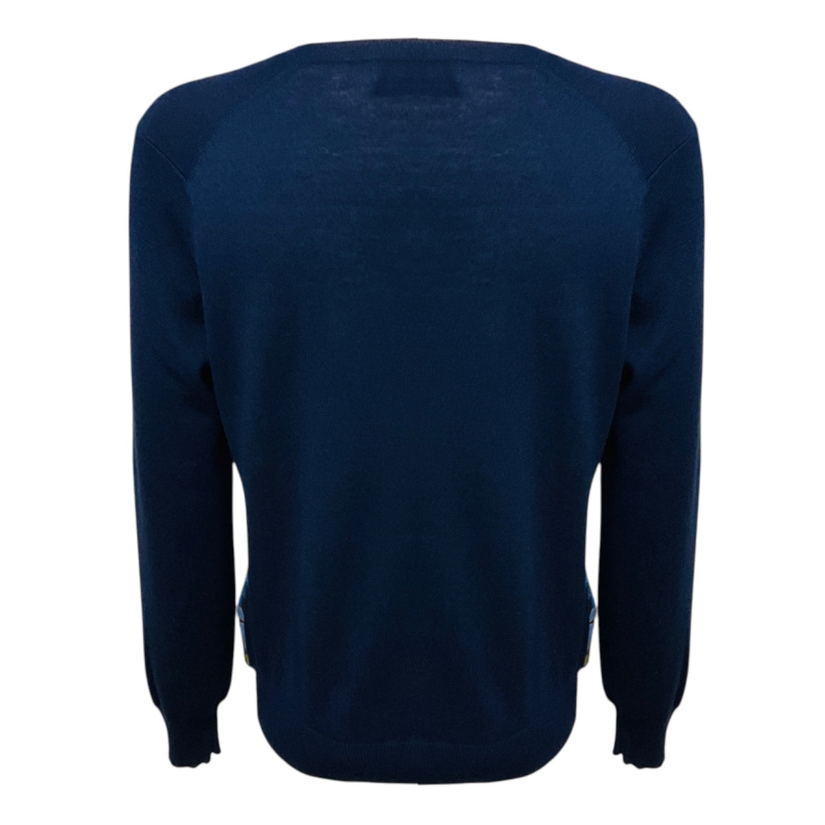 Erdem Navy Blue Multi Merino Wool and Cashmere Knit Cardigan Sweater with Silk Chiffon Scarf Print