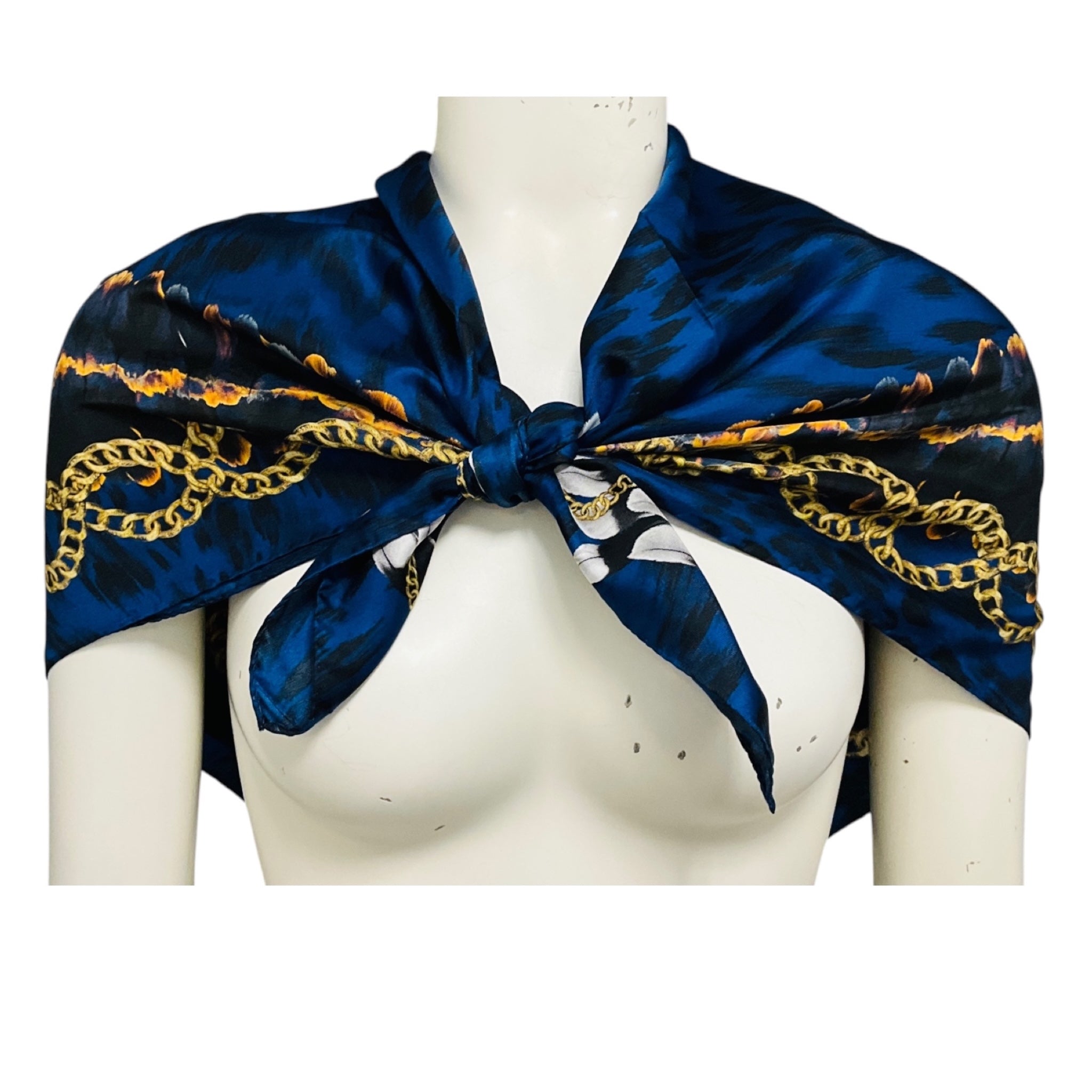 Versace Blue / Gold Multi Leopard, Feather, and Medusa Medallion Chain Print Square Silk Scarf