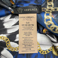 Load image into Gallery viewer, Versace Blue / Gold Multi Leopard, Feather, and Medusa Medallion Chain Print Square Silk Scarf
