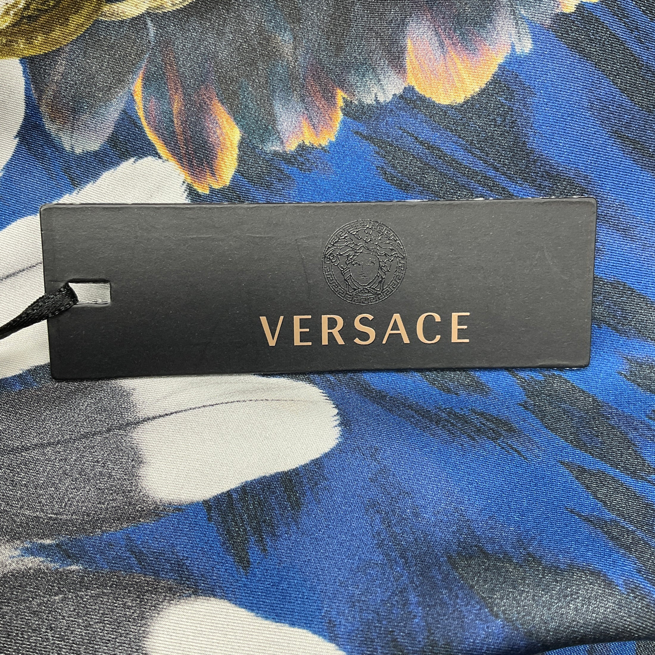 Versace Blue / Gold Multi Leopard, Feather, and Medusa Medallion Chain Print Square Silk Scarf