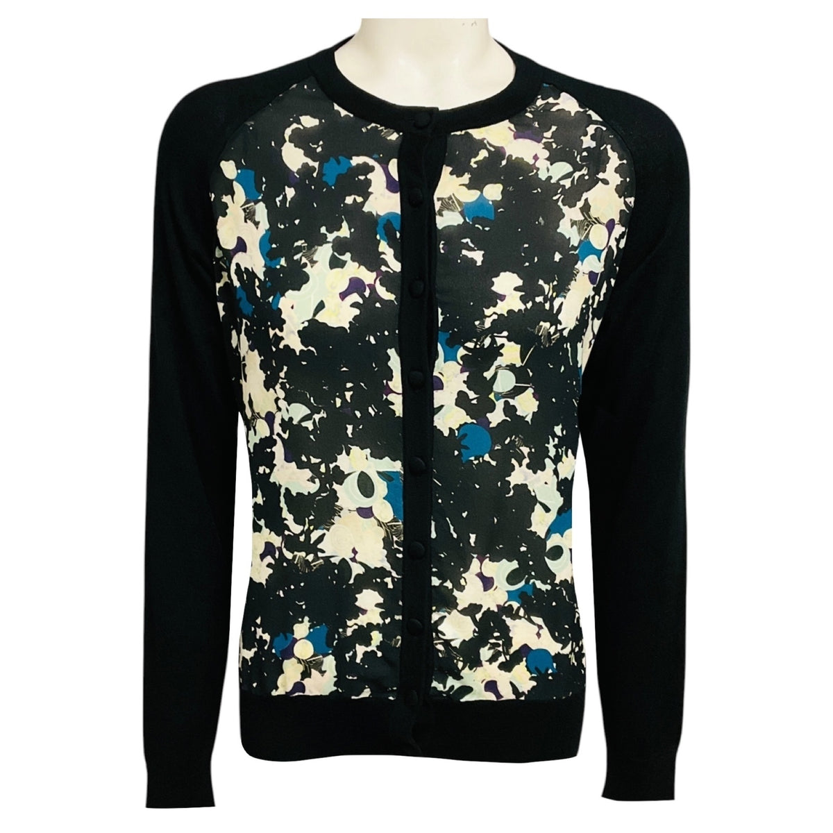 Erdem Black Multi Merino Wool and Cashmere Knit Cardigan Sweater with Silk Chiffon Scarf Print