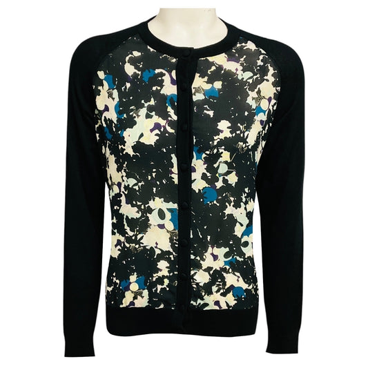 Erdem Black Multi Merino Wool and Cashmere Knit Cardigan Sweater with Silk Chiffon Scarf Print