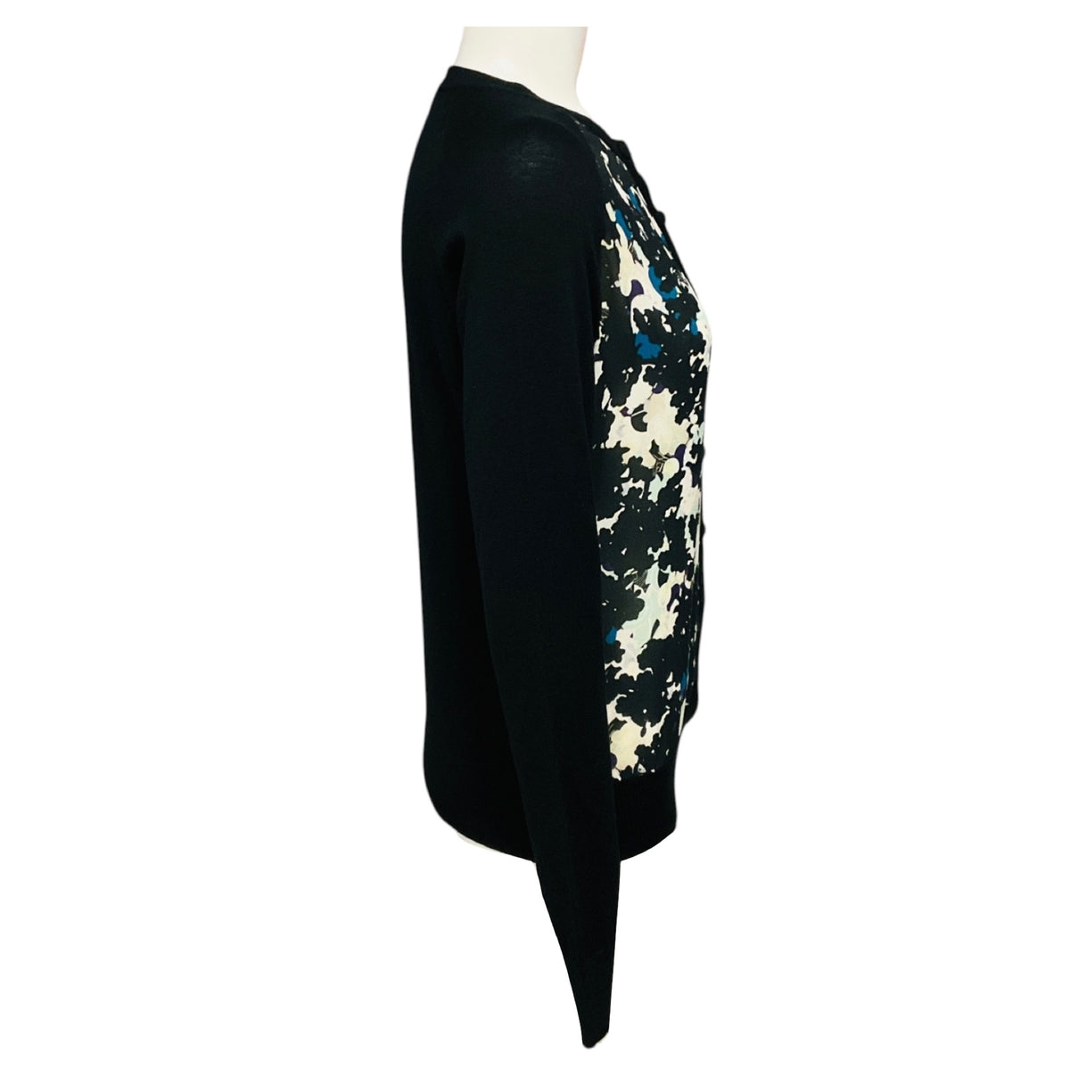 Erdem Black Multi Merino Wool and Cashmere Knit Cardigan Sweater with Silk Chiffon Scarf Print