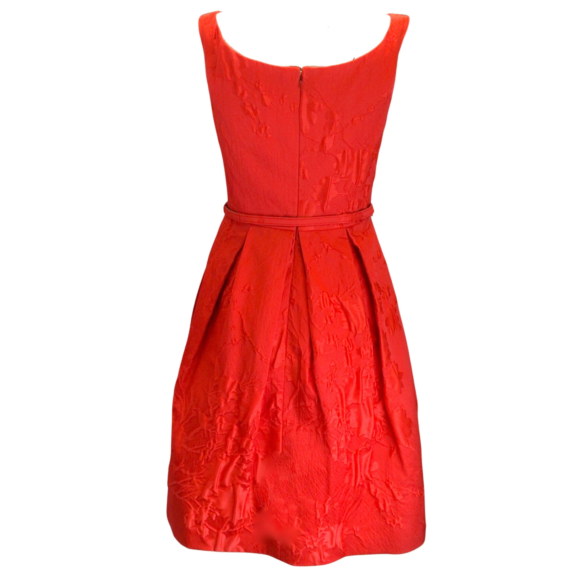 Oscar de la Renta Red Belted Sleeveless Flared Silk Damask Brocade Dress