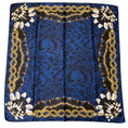 Load image into Gallery viewer, Versace Blue / Gold Multi Leopard, Feather, and Medusa Medallion Chain Print Square Silk Scarf
