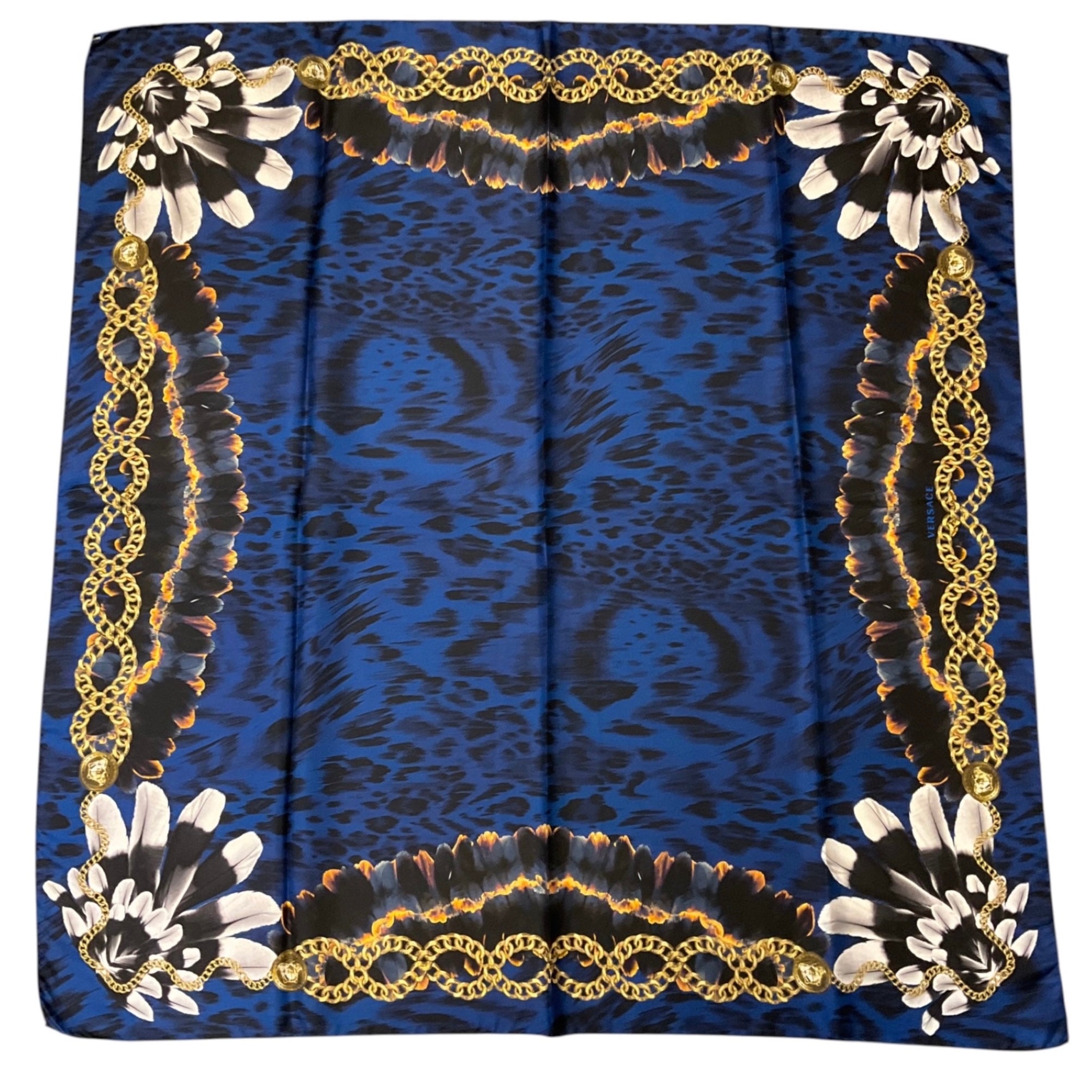 Versace Blue / Gold Multi Leopard, Feather, and Medusa Medallion Chain Print Square Silk Scarf