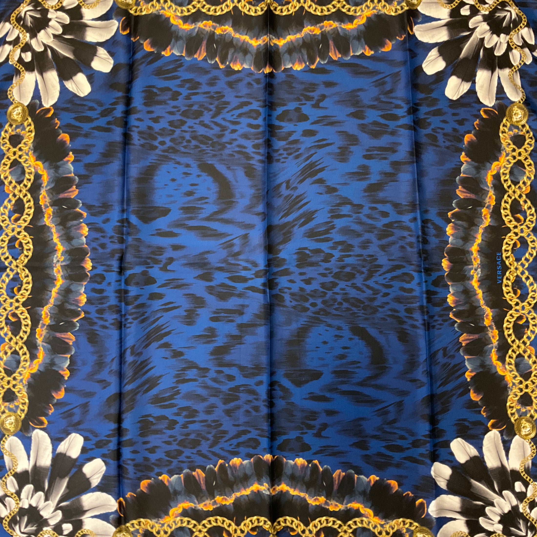 Versace Blue / Gold Multi Leopard, Feather, and Medusa Medallion Chain Print Square Silk Scarf