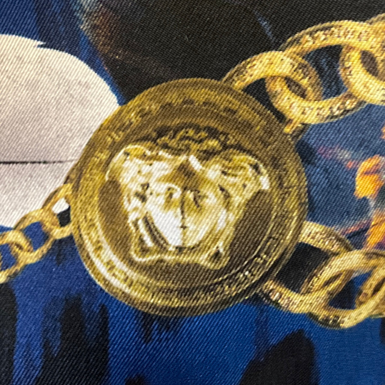 Versace Blue / Gold Multi Leopard, Feather, and Medusa Medallion Chain Print Square Silk Scarf