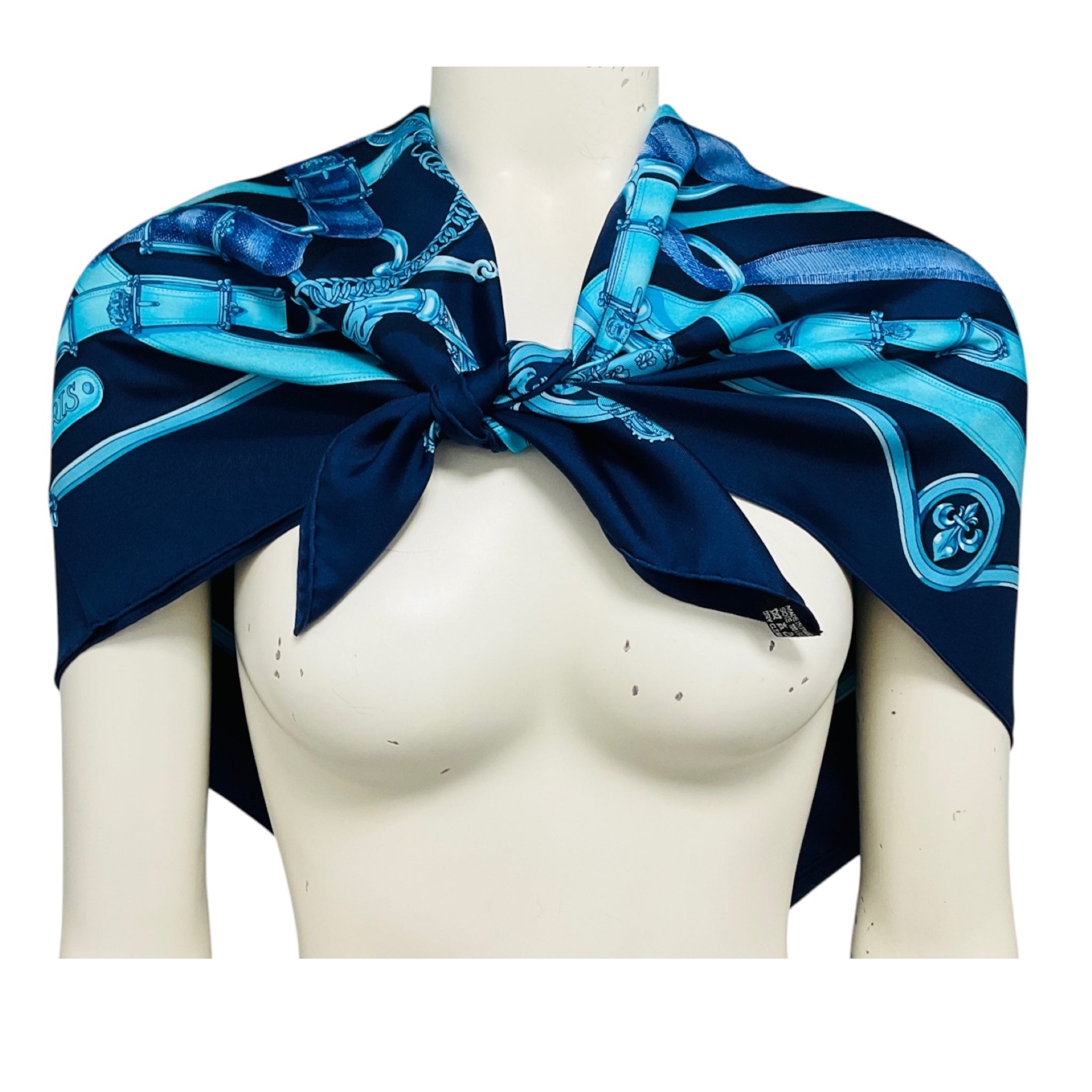 Hermes Navy Blue / Turquoise Cavalcadour Print Square Silk Twill Scarf