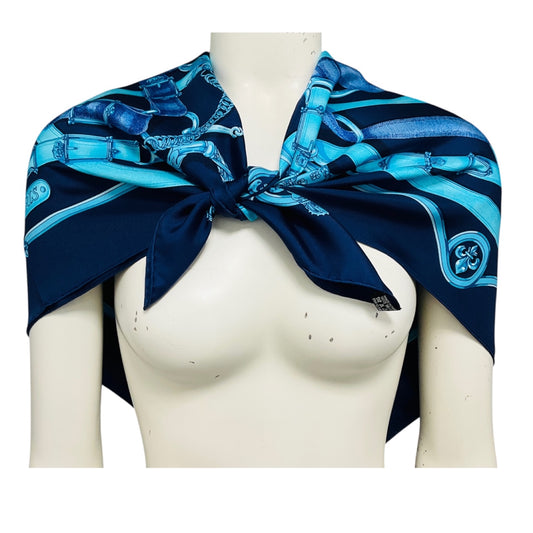 Hermes Navy Blue / Turquoise Cavalcadour Print Square Silk Twill Scarf