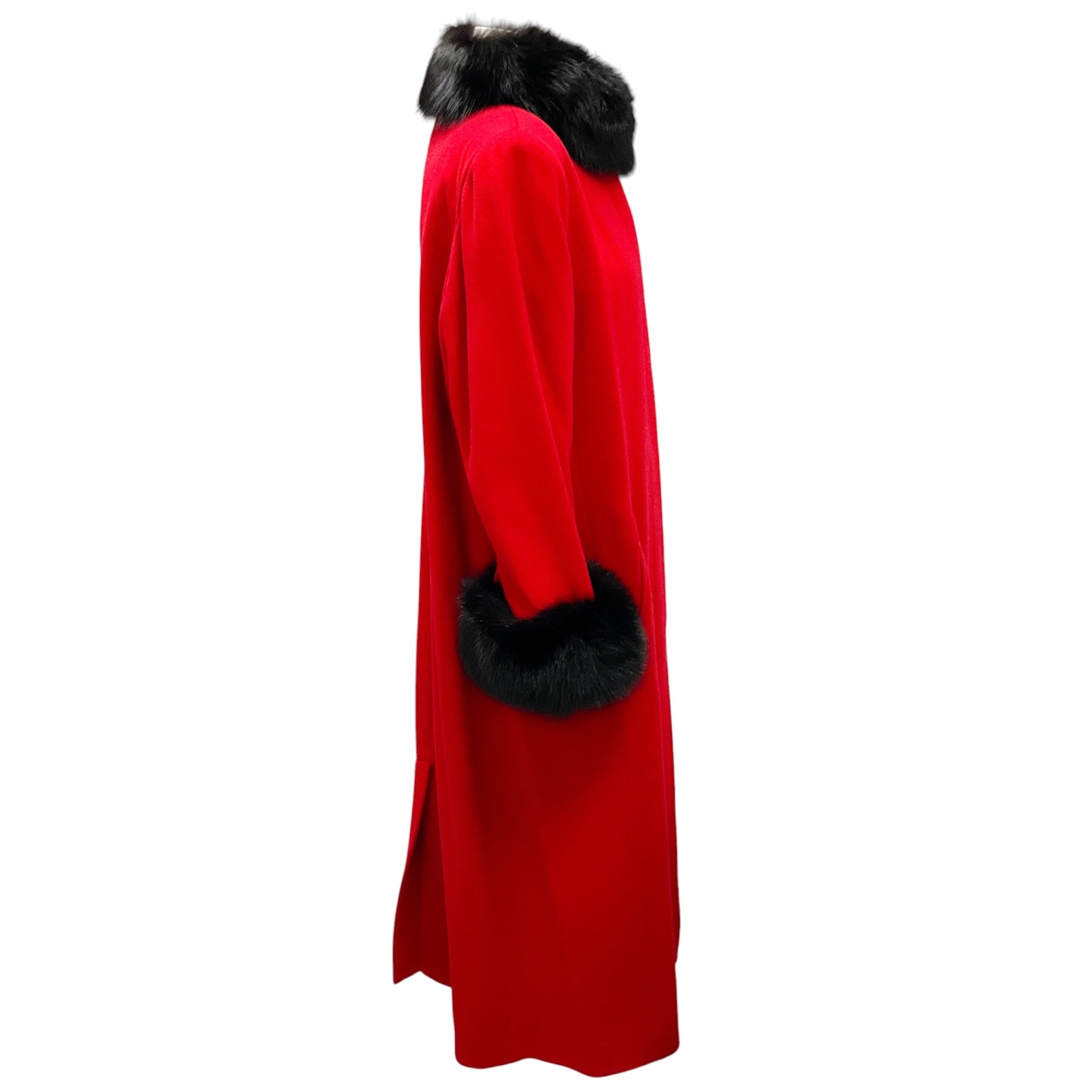 Fleurette Red / Black Fur Trimmed Mid Length Lambswool Coat