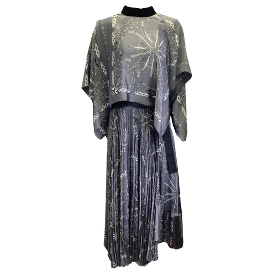 Sacai Grey / White / Black Pleated Paisley and Zodiac Printed Midi Dress