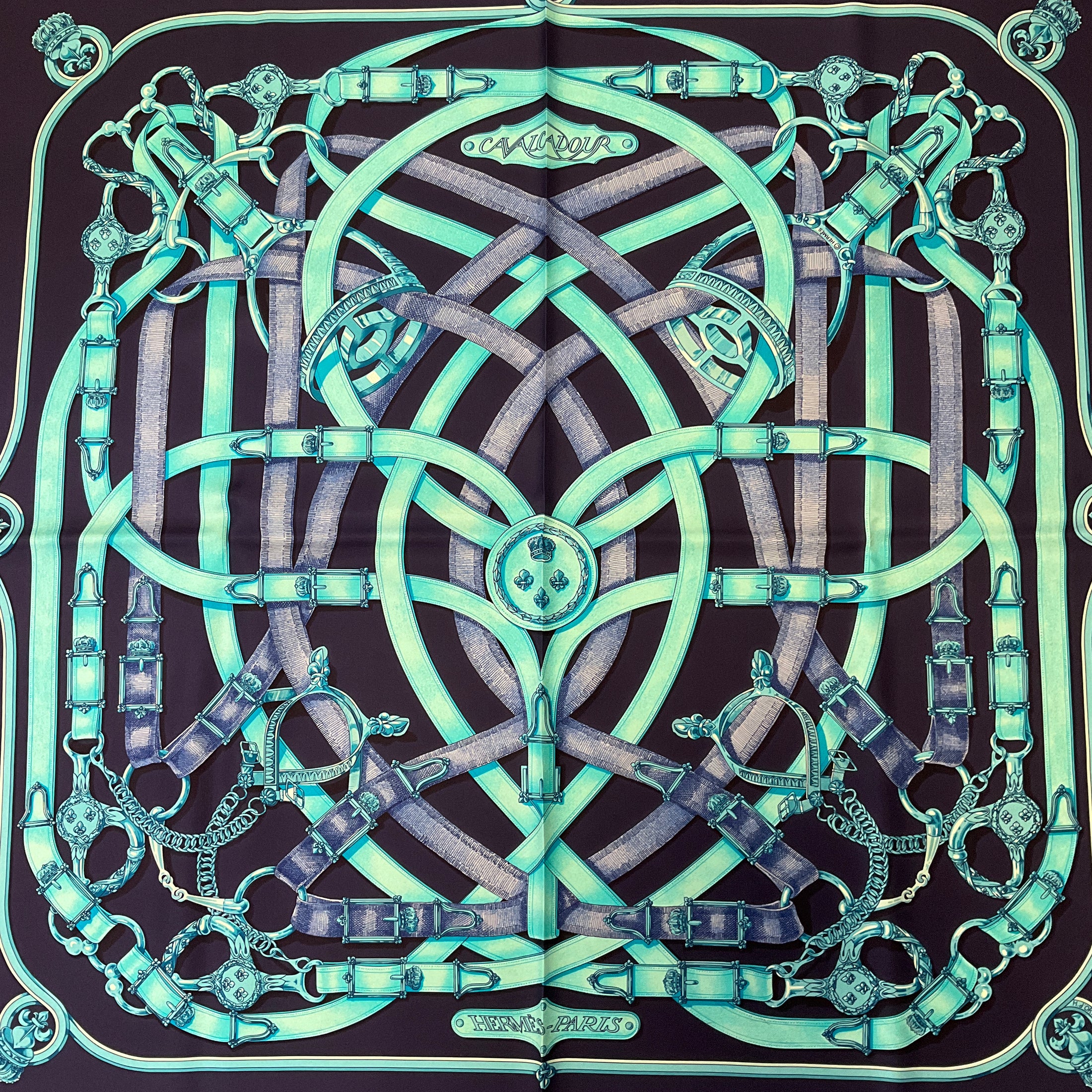 Hermes Navy Blue / Turquoise Cavalcadour Print Square Silk Twill Scarf
