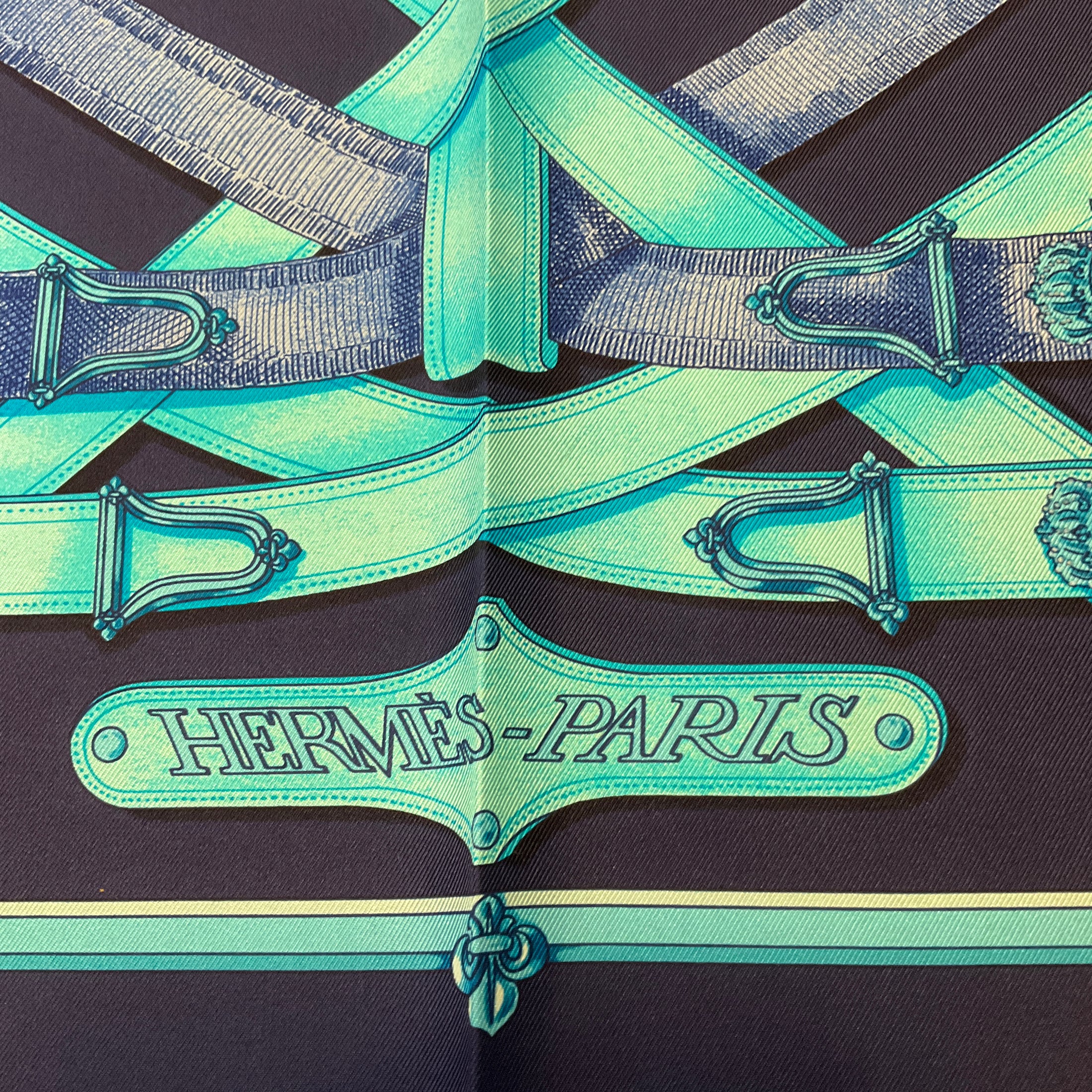 Hermes Navy Blue / Turquoise Cavalcadour Print Square Silk Twill Scarf